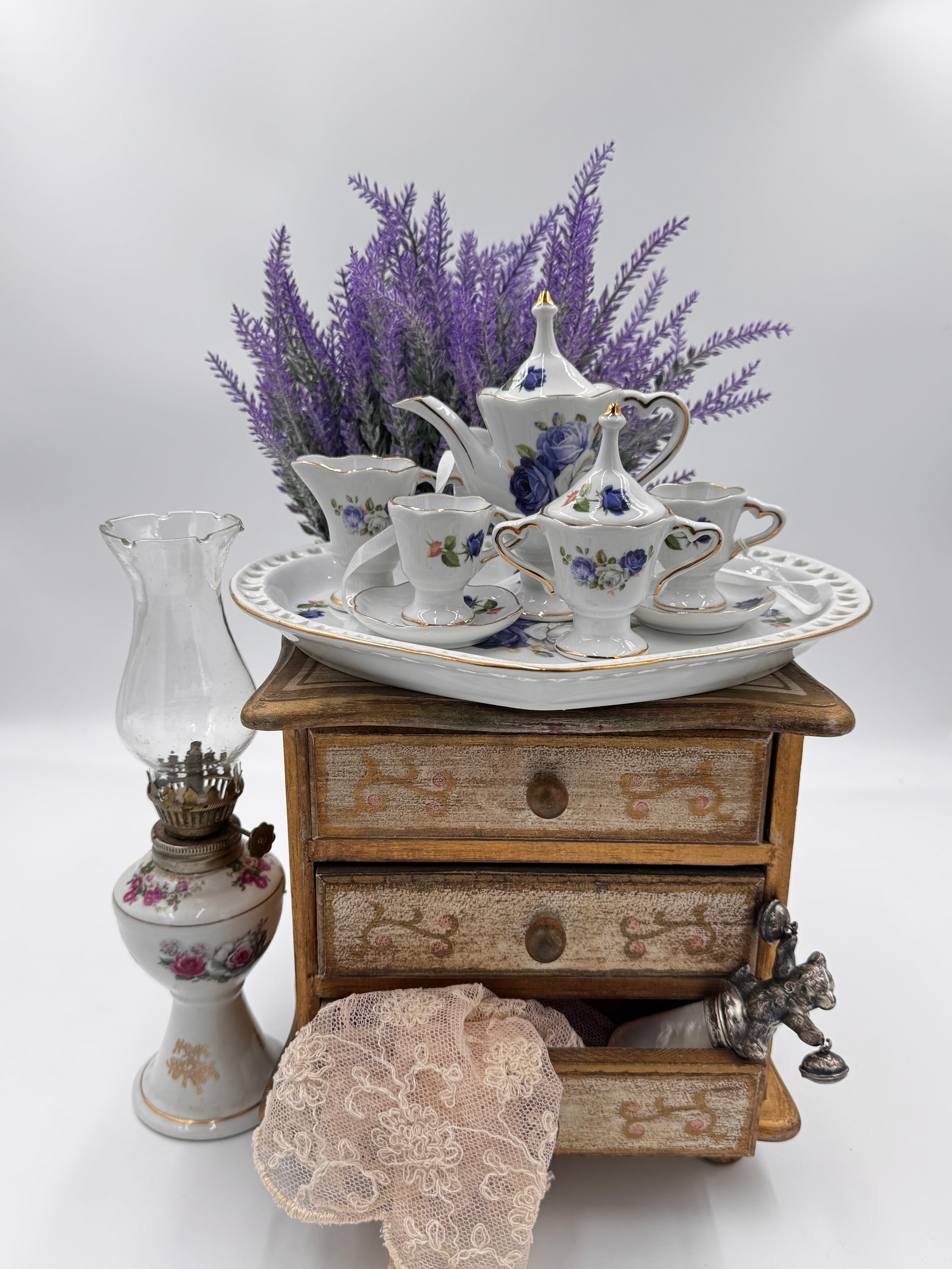 Vintage Miniature Blue Rose Tea Set for Dollhouse & Victorian Displays | Porcelain Tea Service with Tray