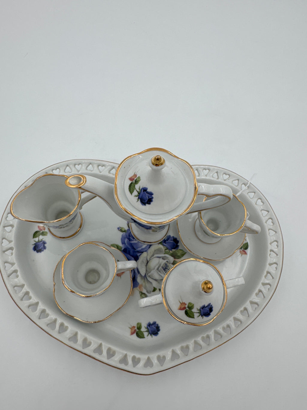Vintage Miniature Blue Rose Tea Set for Dollhouse & Victorian Displays | Porcelain Tea Service with Tray