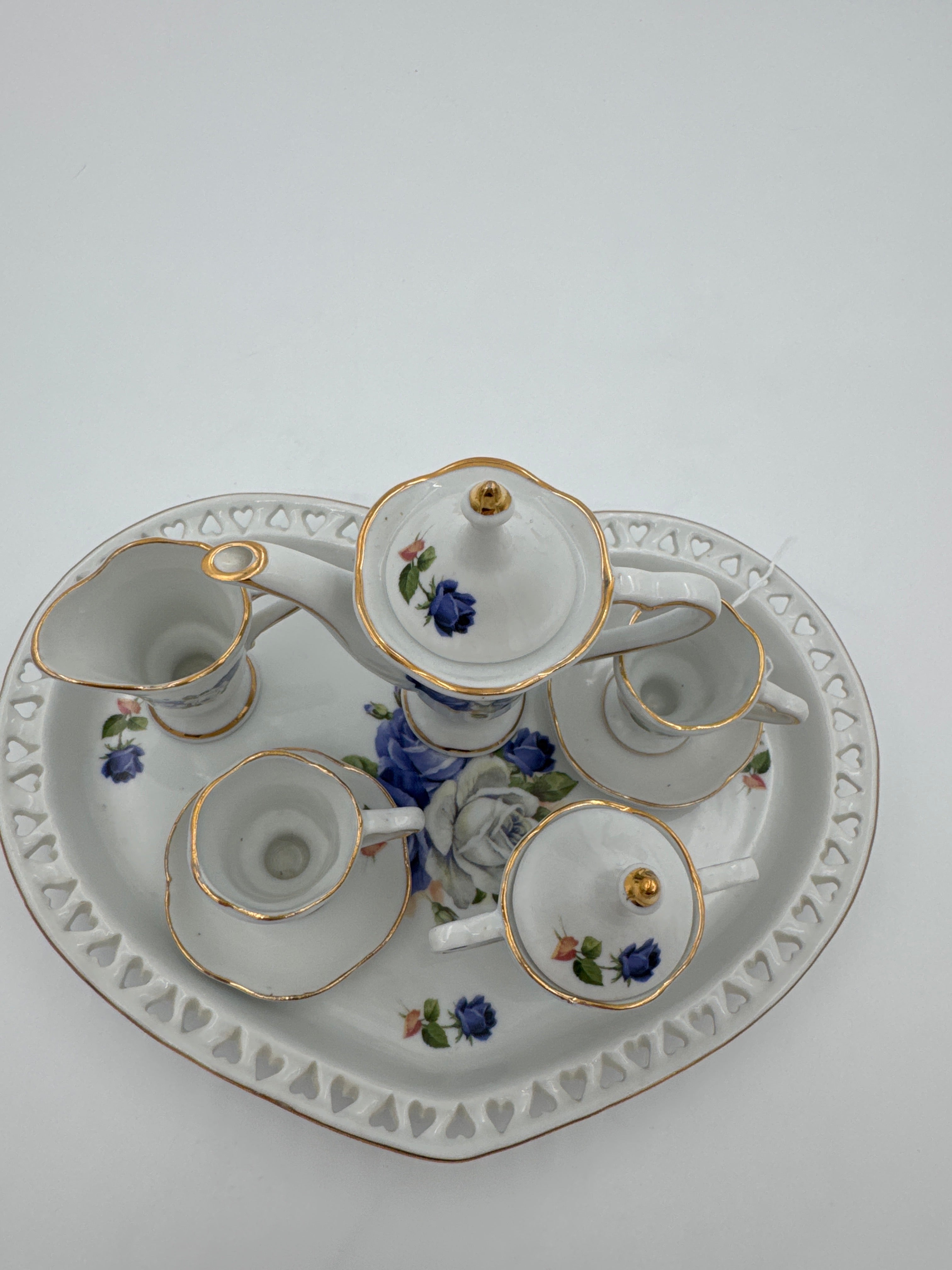 Vintage Miniature Blue Rose Tea Set for Dollhouse & Victorian Displays | Porcelain Tea Service with Tray