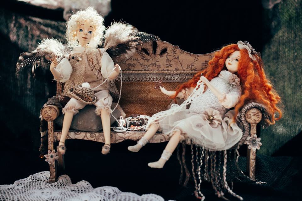 Vintage Style Art Composition “Angel and Iriska” | Handmade Papier-Mâché Interior Sculpture | Collectible Art Doll Scene