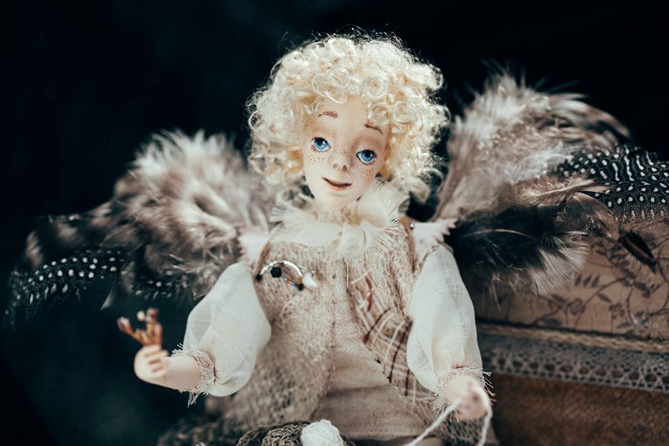 Vintage Style Art Composition “Angel and Iriska” | Handmade Papier-Mâché Interior Sculpture | Collectible Art Doll Scene