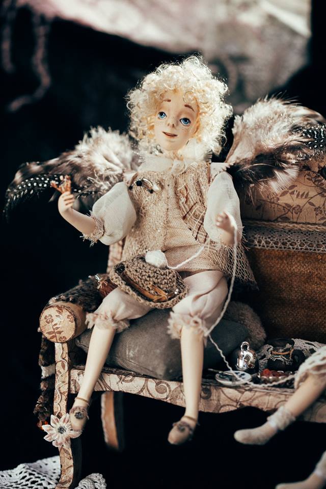 Vintage Style Art Composition “Angel and Iriska” | Handmade Papier-Mâché Interior Sculpture | Collectible Art Doll Scene