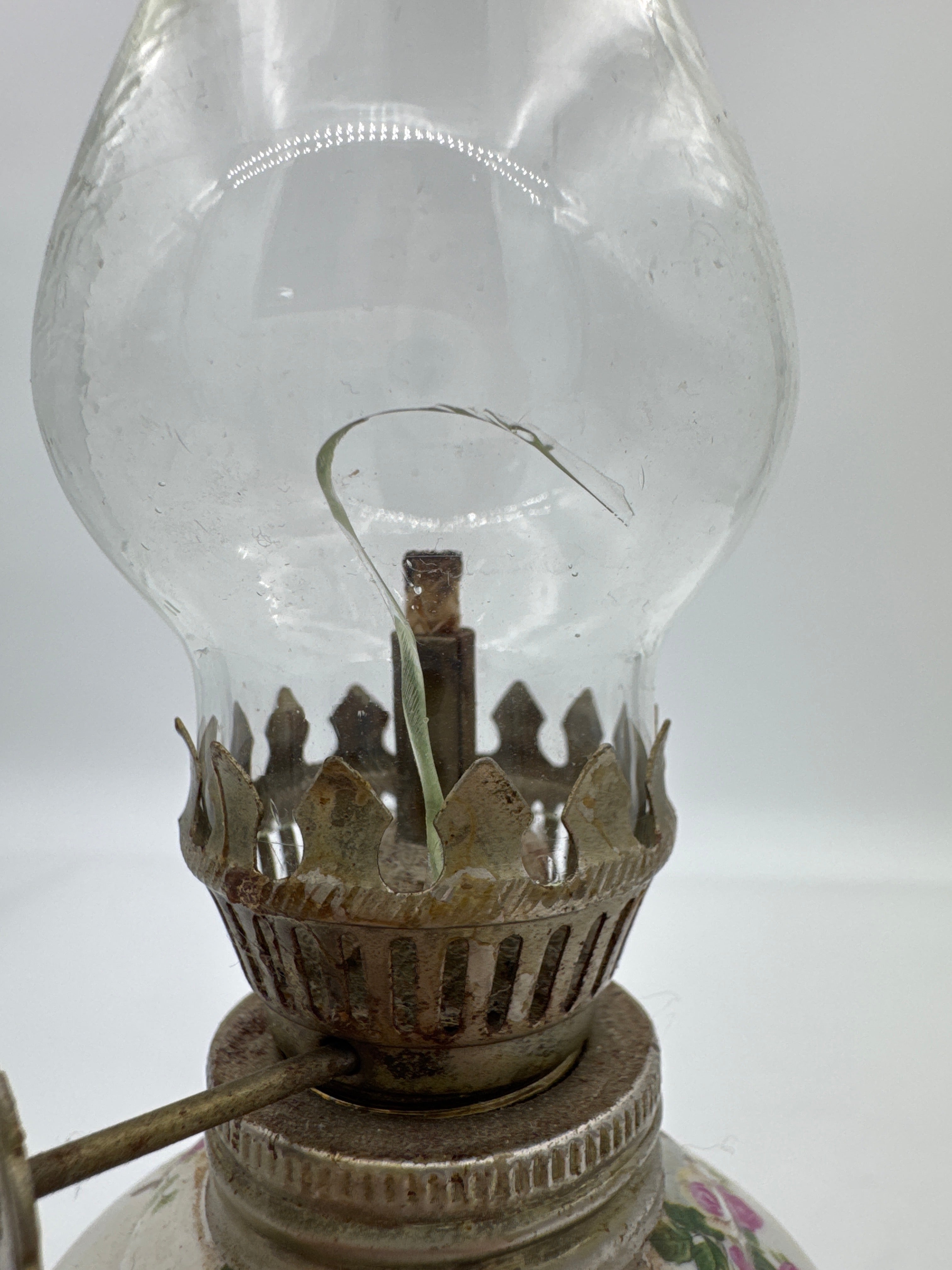 Vintage Floral Porcelain Oil Lamp with Original Glass Chimney | Victorian Style Doll Display Decor
