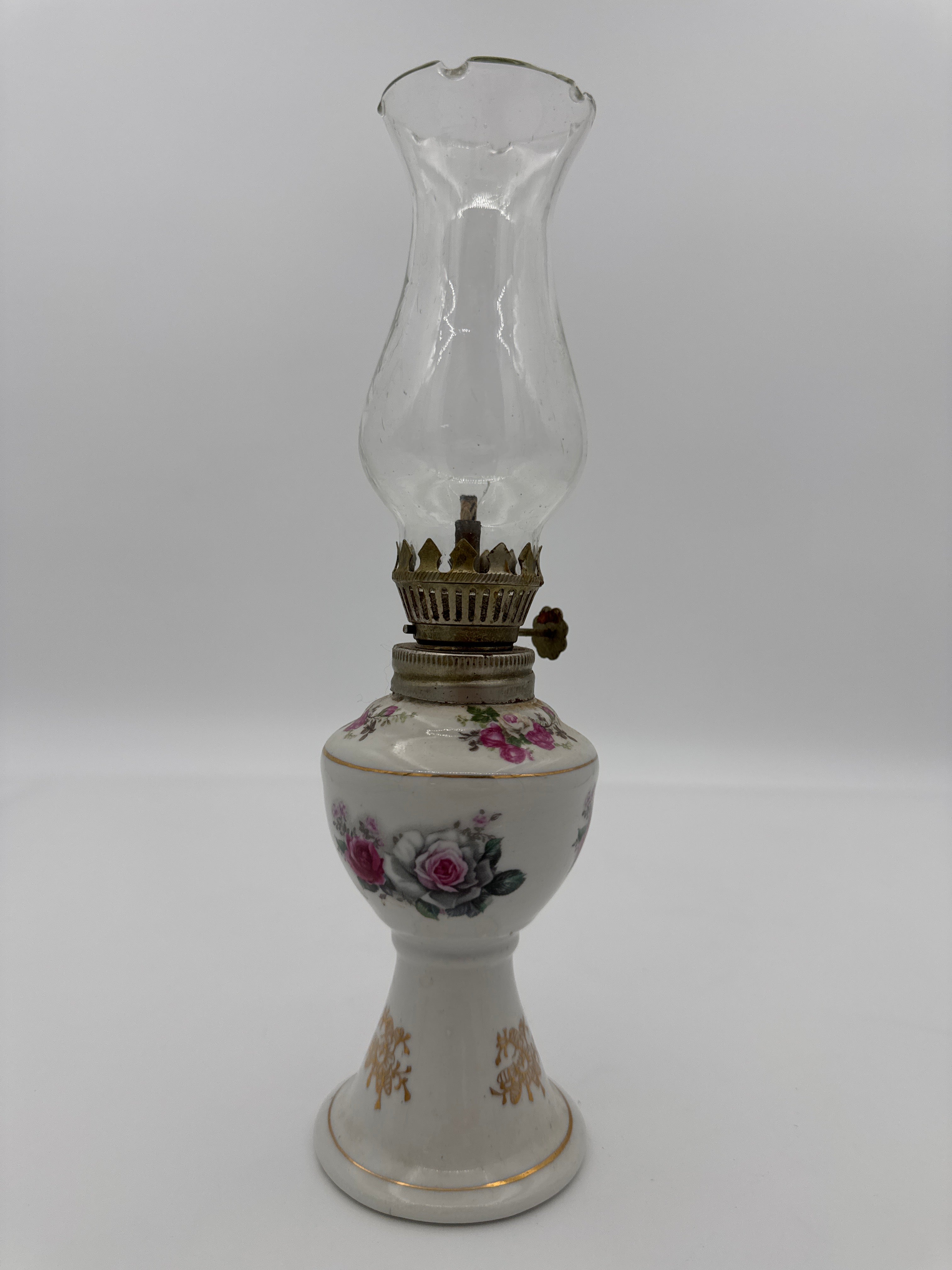 Vintage Floral Porcelain Oil Lamp with Original Glass Chimney | Victorian Style Doll Display Decor