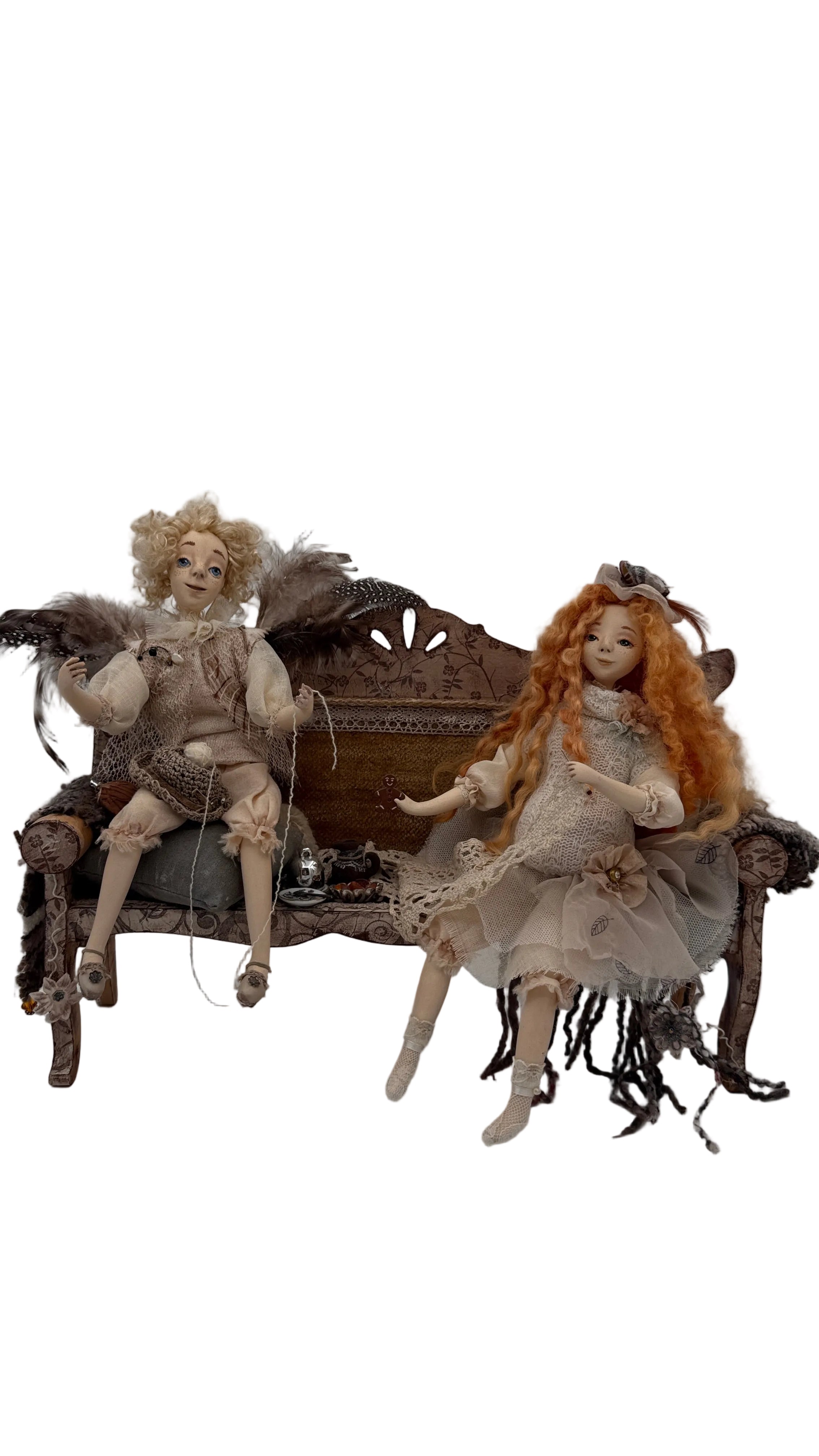 Vintage Style Art Composition “Angel and Iriska” | Handmade Papier-Mâché Interior Sculpture | Collectible Art Doll Scene