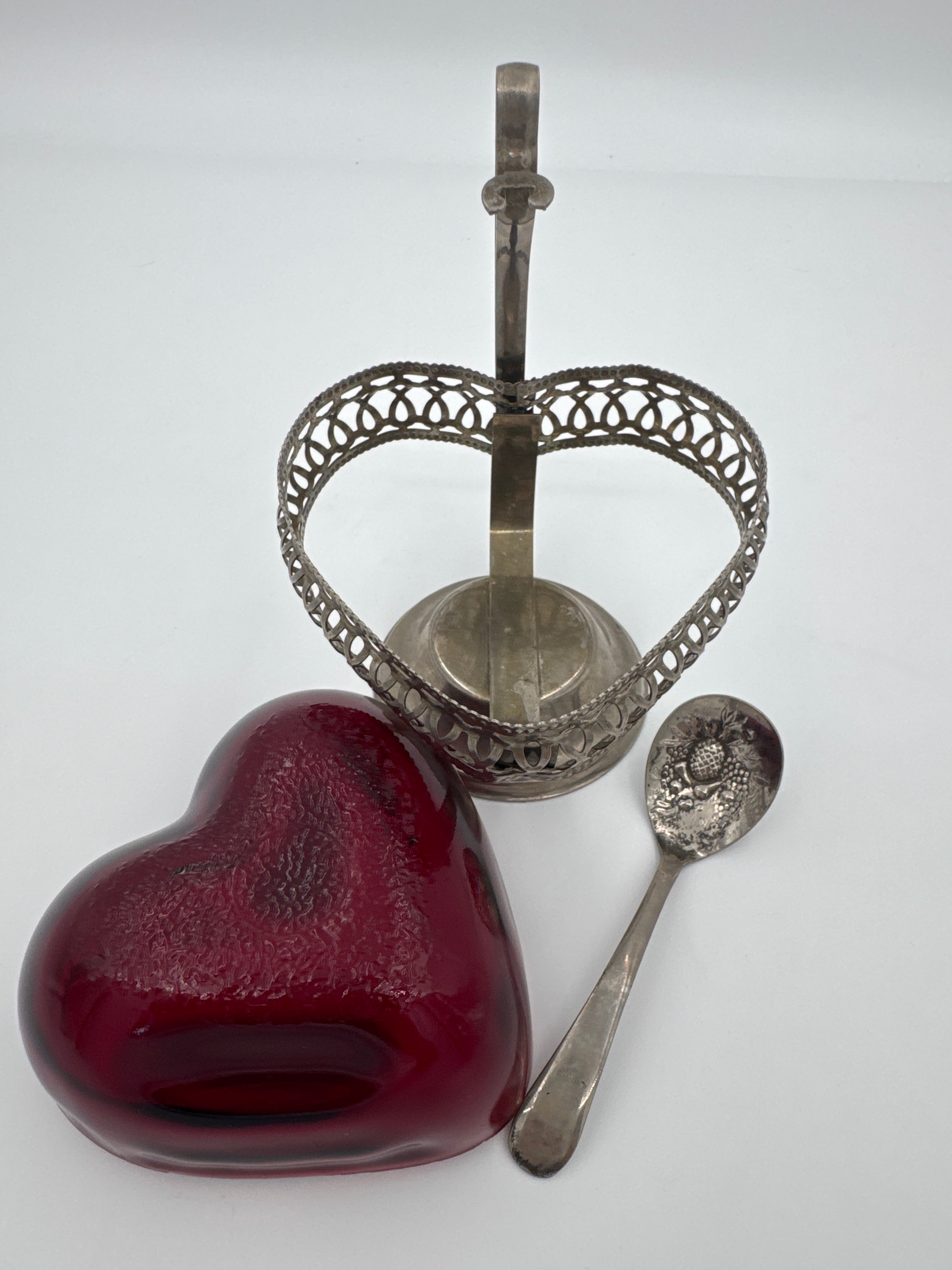 Vintage English Silver Plated Heart Shaped Sugar Bowl with Ruby Glass Insert & Spoon