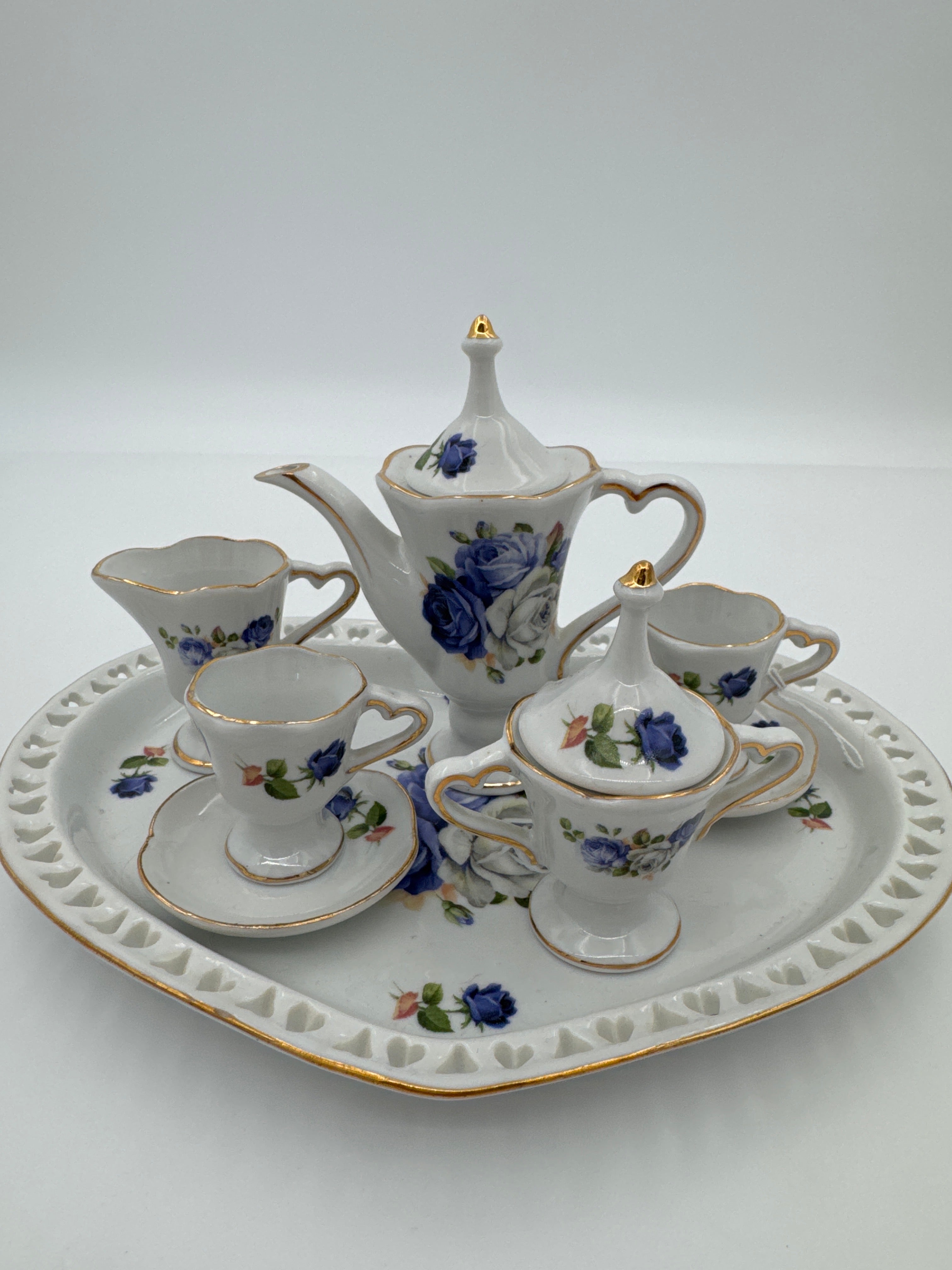 Vintage Miniature Blue Rose Tea Set for Dollhouse & Victorian Displays | Porcelain Tea Service with Tray