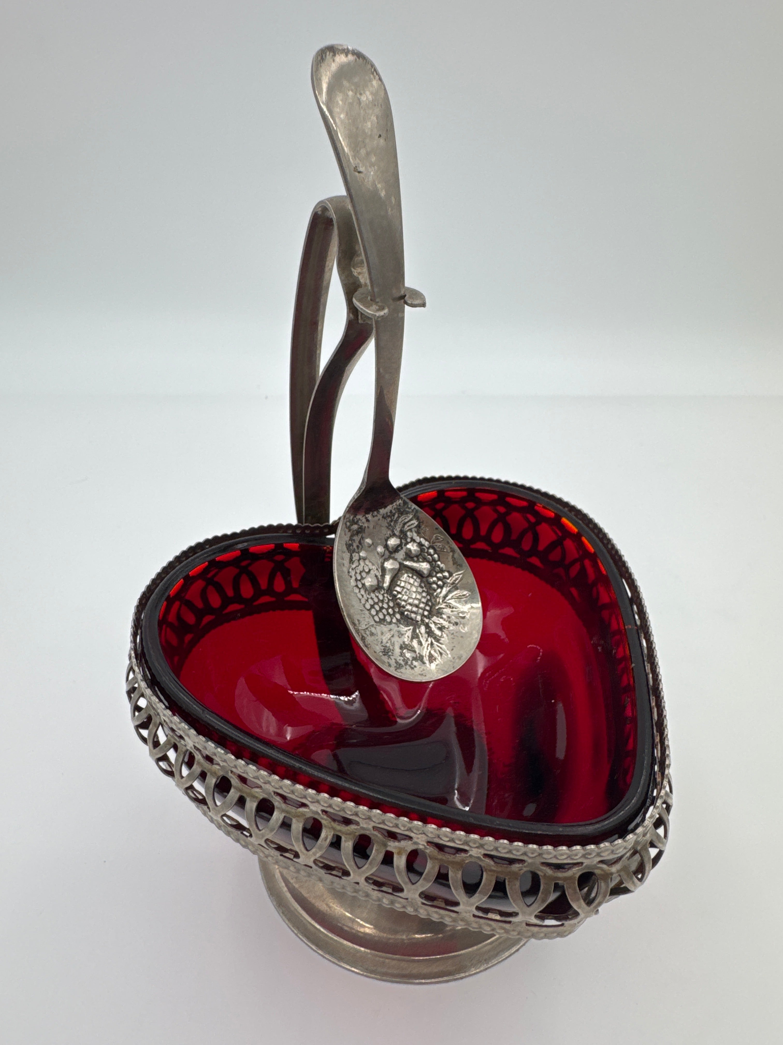 Vintage English Silver Plated Heart Shaped Sugar Bowl with Ruby Glass Insert & Spoon