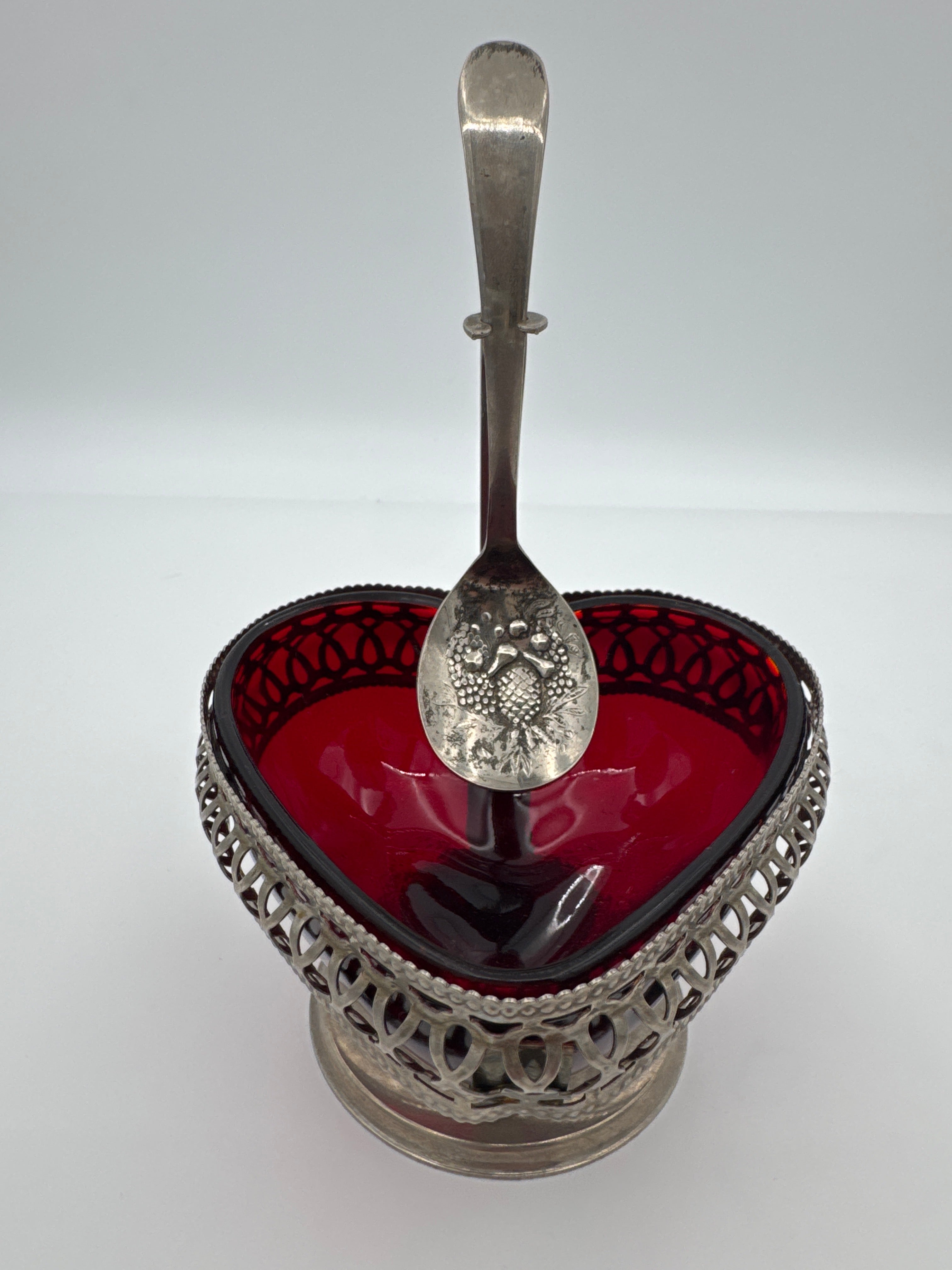 Vintage English Silver Plated Heart Shaped Sugar Bowl with Ruby Glass Insert & Spoon