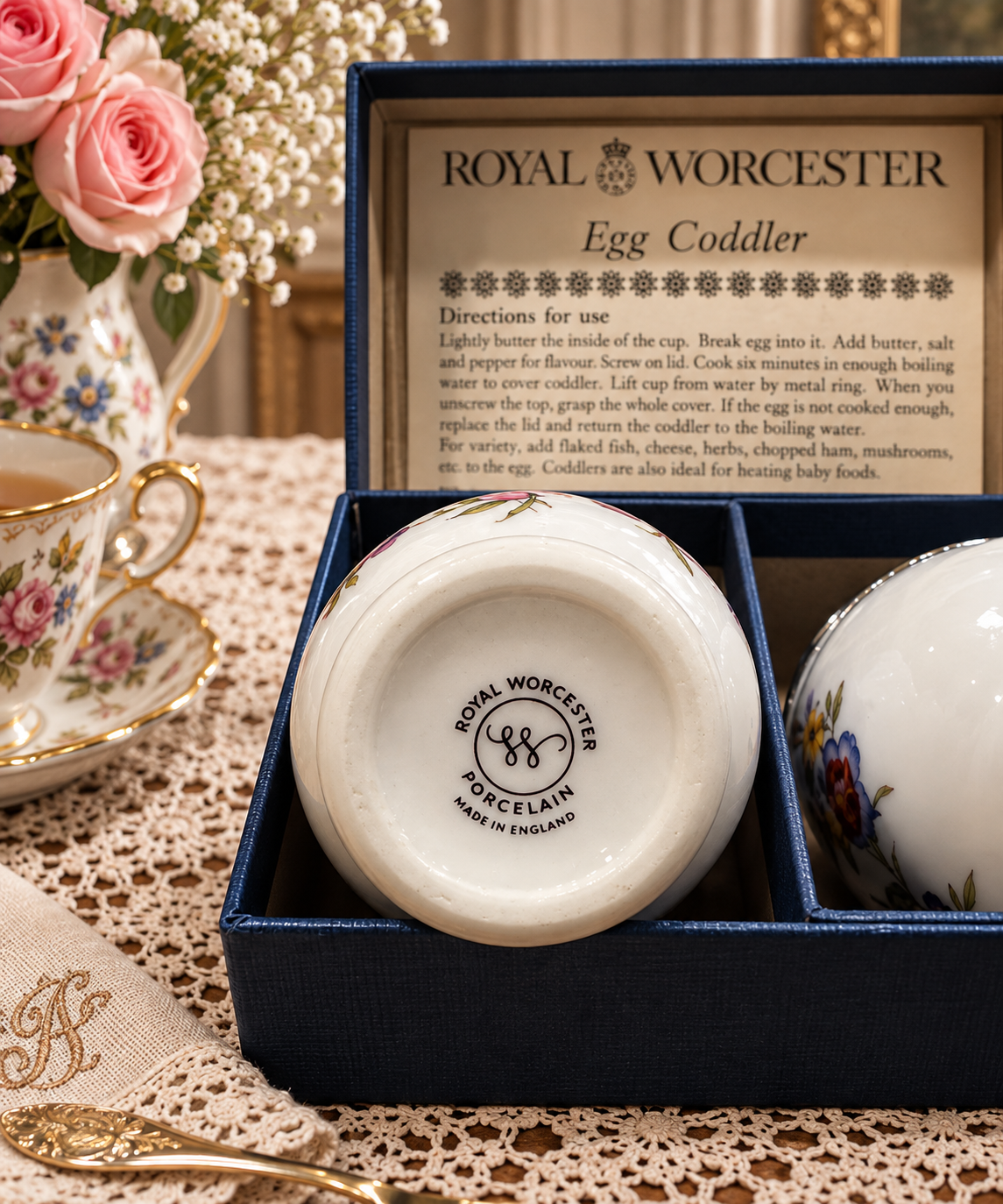 Vintage Royal Worcester Egg Coddlers Set of 2 in Original Box – English Porcelain, Made in England