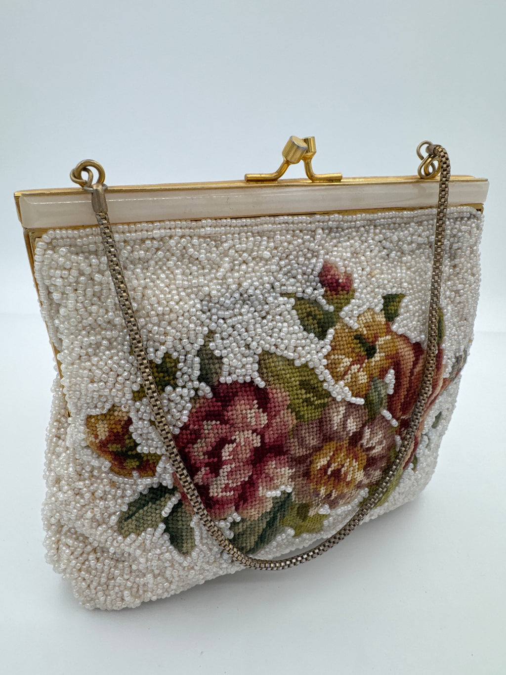 Vintage Floral Micro Beaded Purse, Petit Point Evening Bag, Beaded Handbag