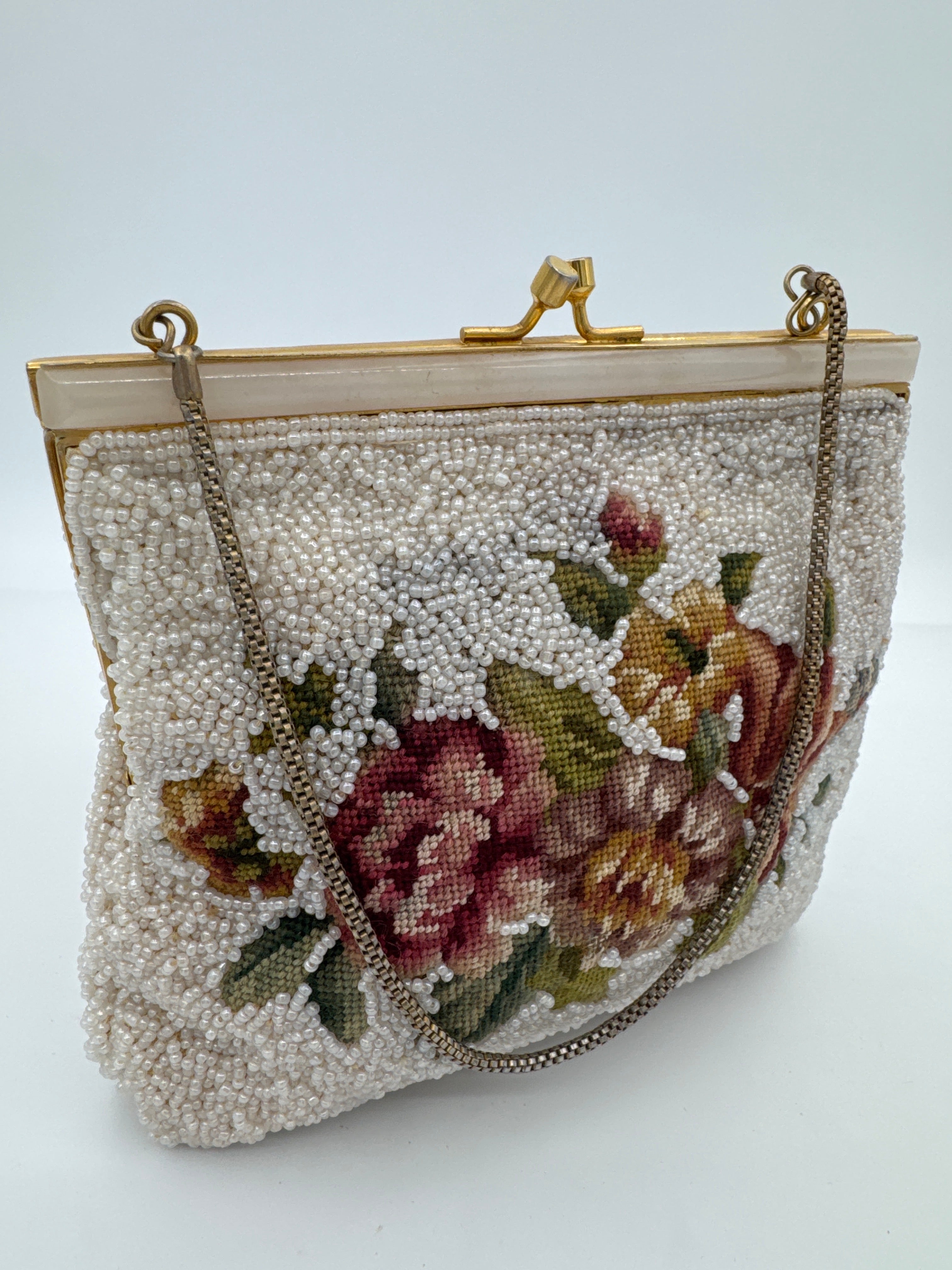 Vintage Floral Micro Beaded Purse, Petit Point Evening Bag, Beaded Handbag