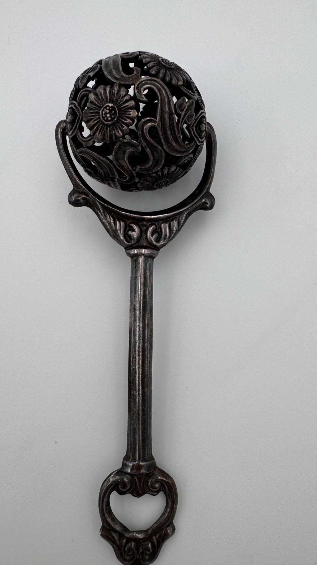 Antique Sterling Silver 925 Baby Rattle Art Nouveau Floral Design European Collectible