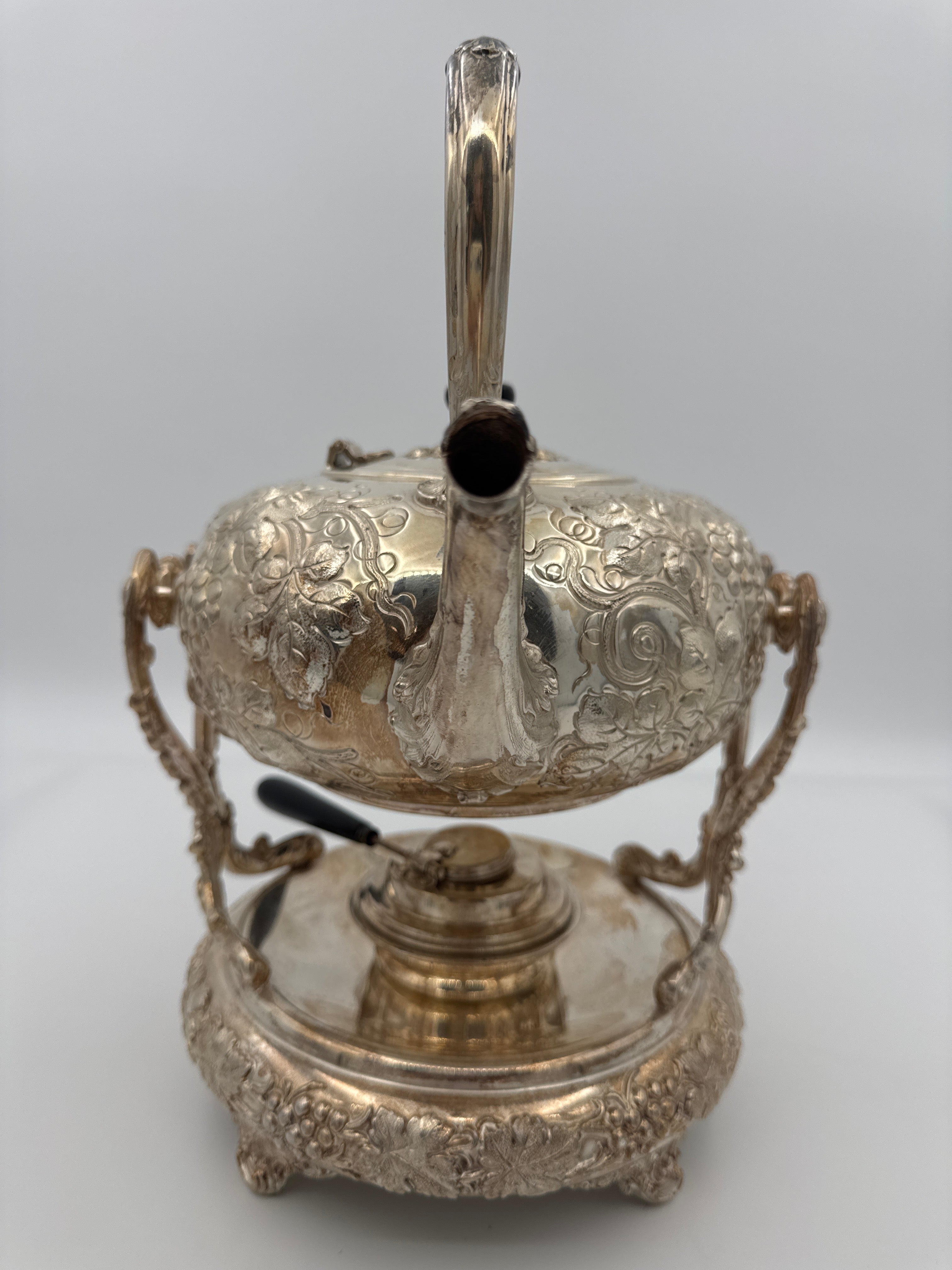 Vintage Silverplate Tilting Tea Kettle on Stand with Original Burner | Patented Jan. 12, 1892 — antique decorative piece