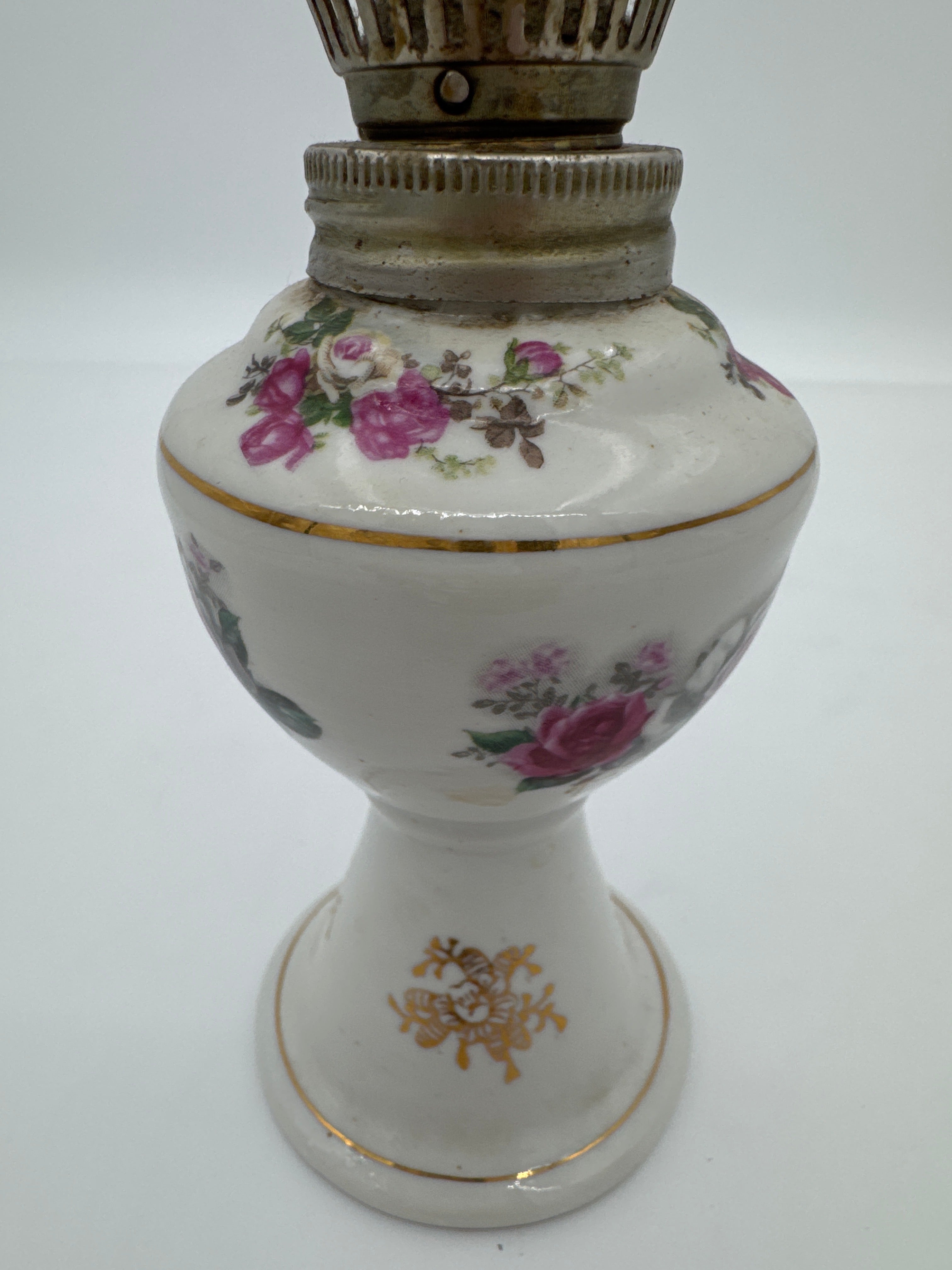Vintage Floral Porcelain Oil Lamp with Original Glass Chimney | Victorian Style Doll Display Decor