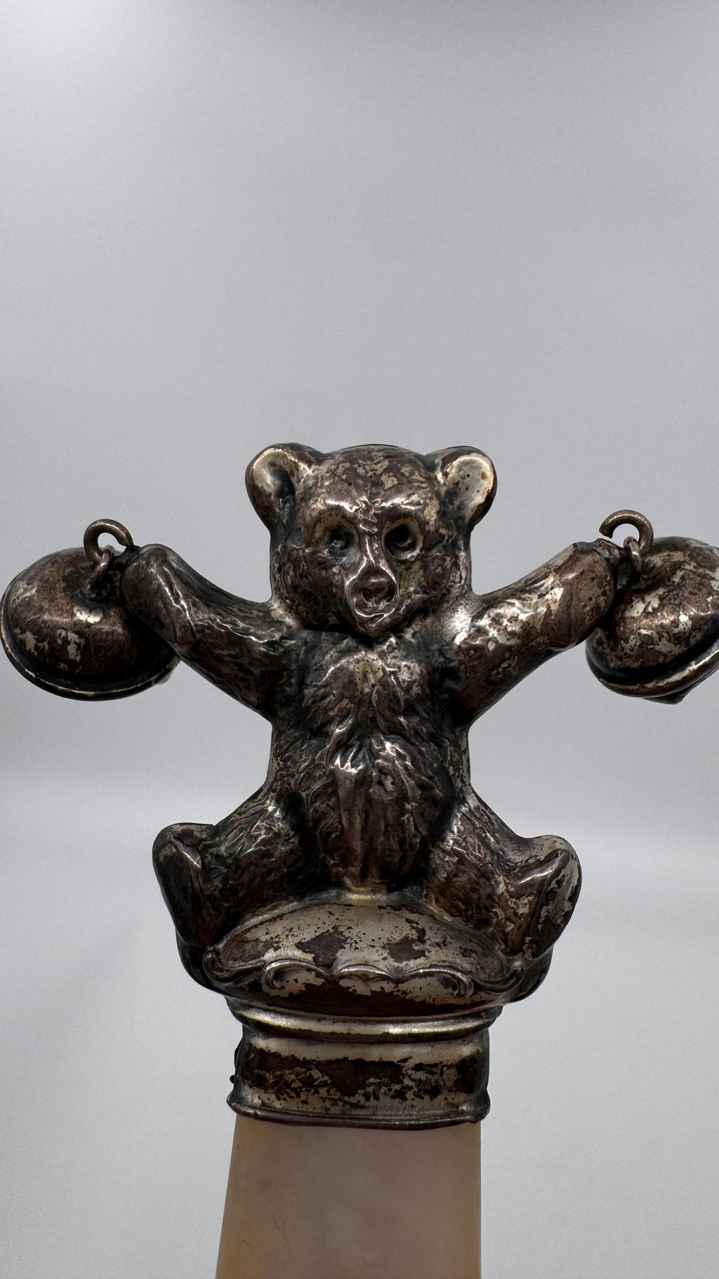 Antique Silver Teddy Bear Baby Rattle with Mother of Pearl Handle c.1900