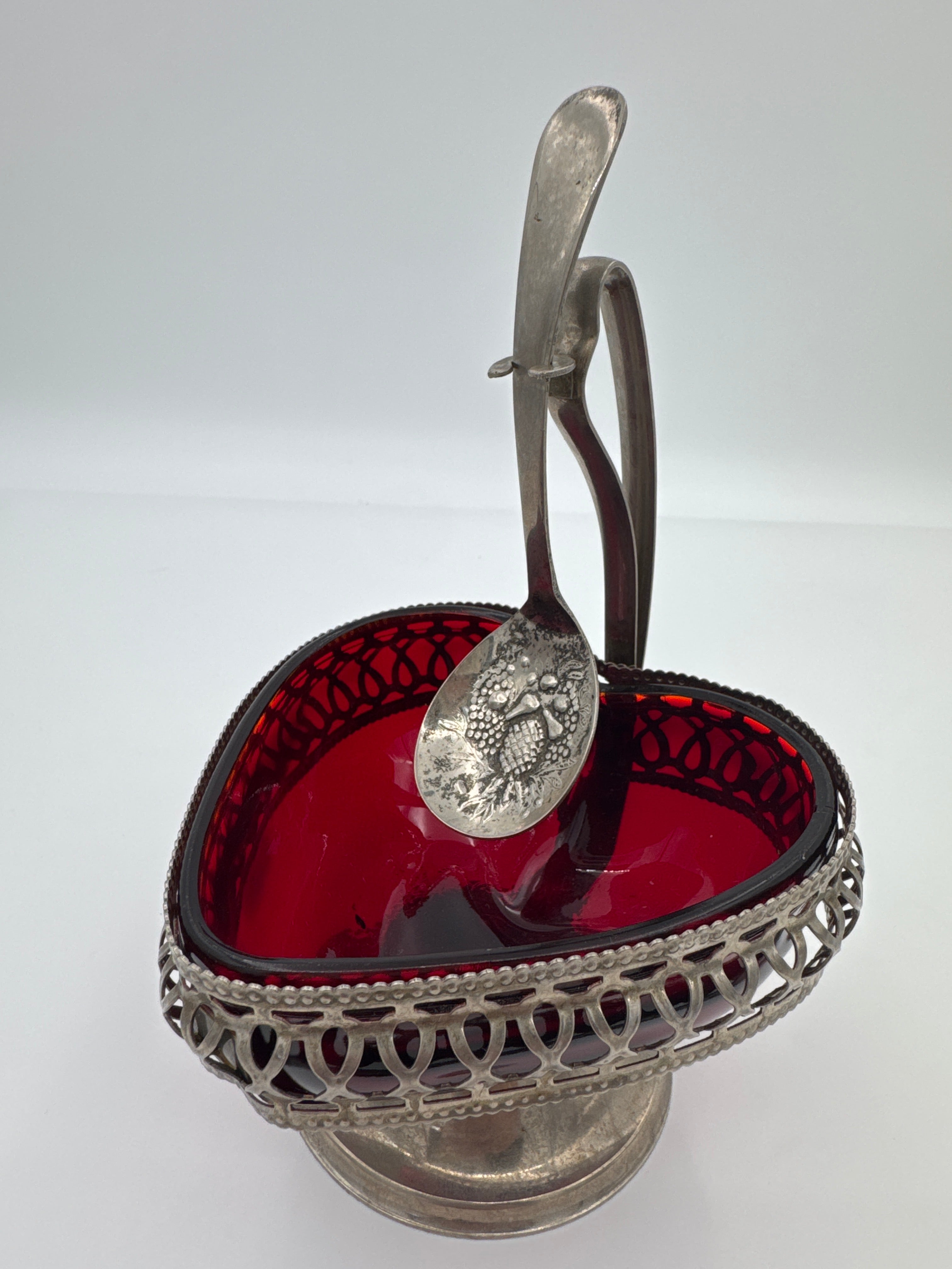 Vintage English Silver Plated Heart Shaped Sugar Bowl with Ruby Glass Insert & Spoon