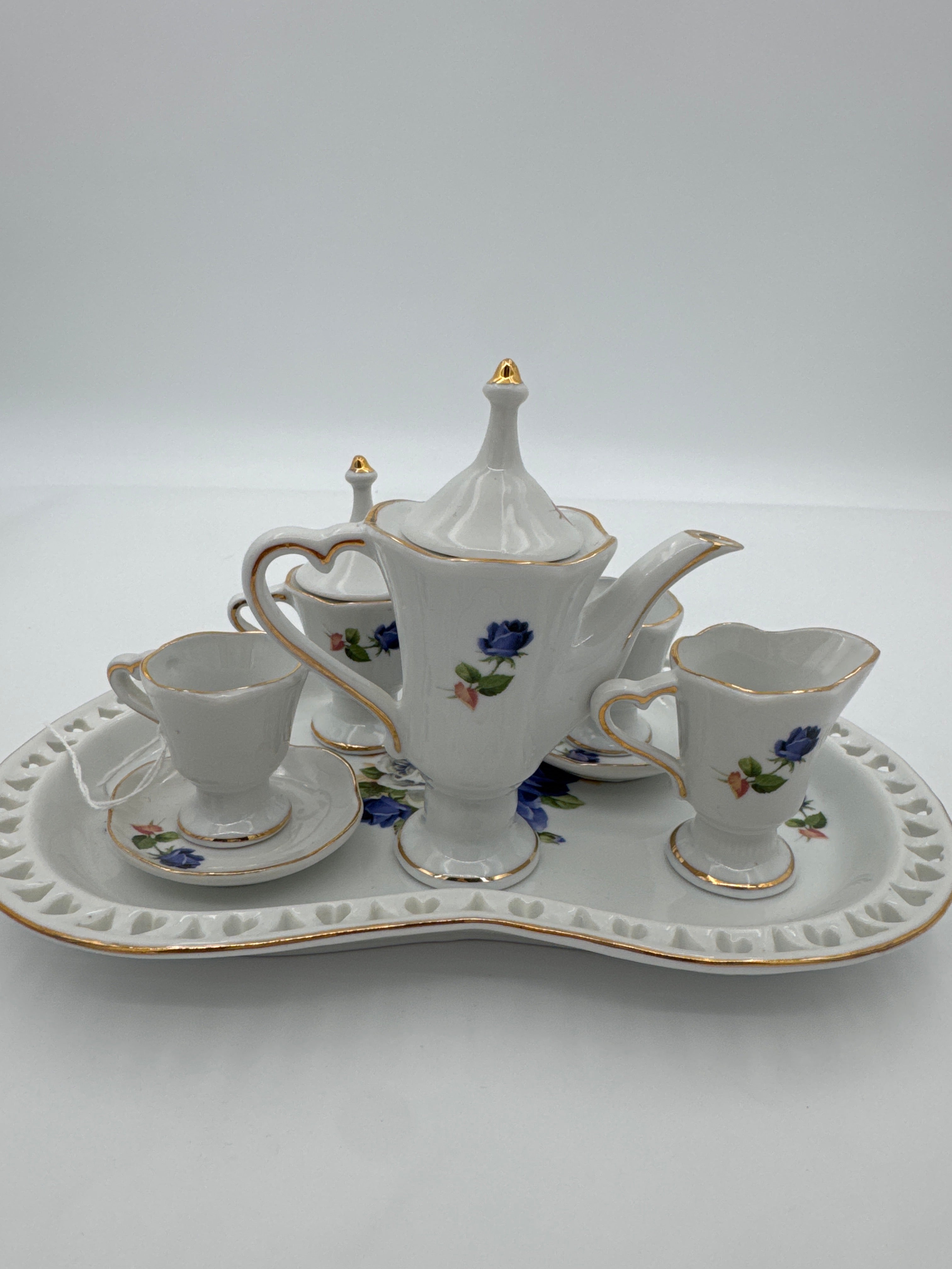 Vintage Miniature Blue Rose Tea Set for Dollhouse & Victorian Displays | Porcelain Tea Service with Tray