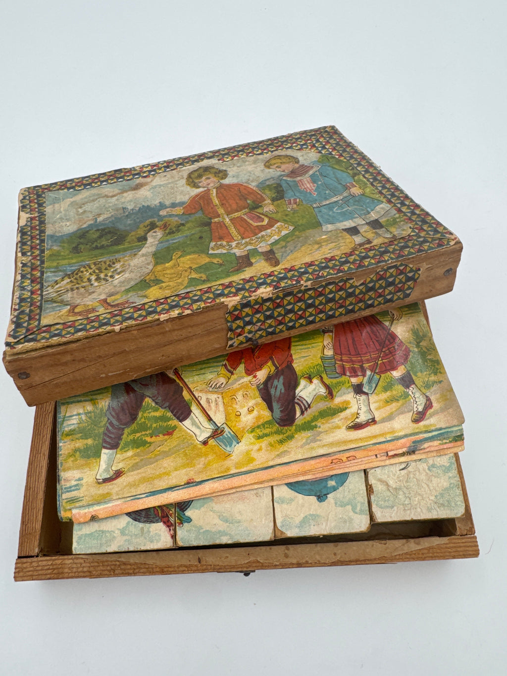 Antique German Wooden Picture Cube Puzzle Set with Original Box | Children’s Toy Circa 1900–1915