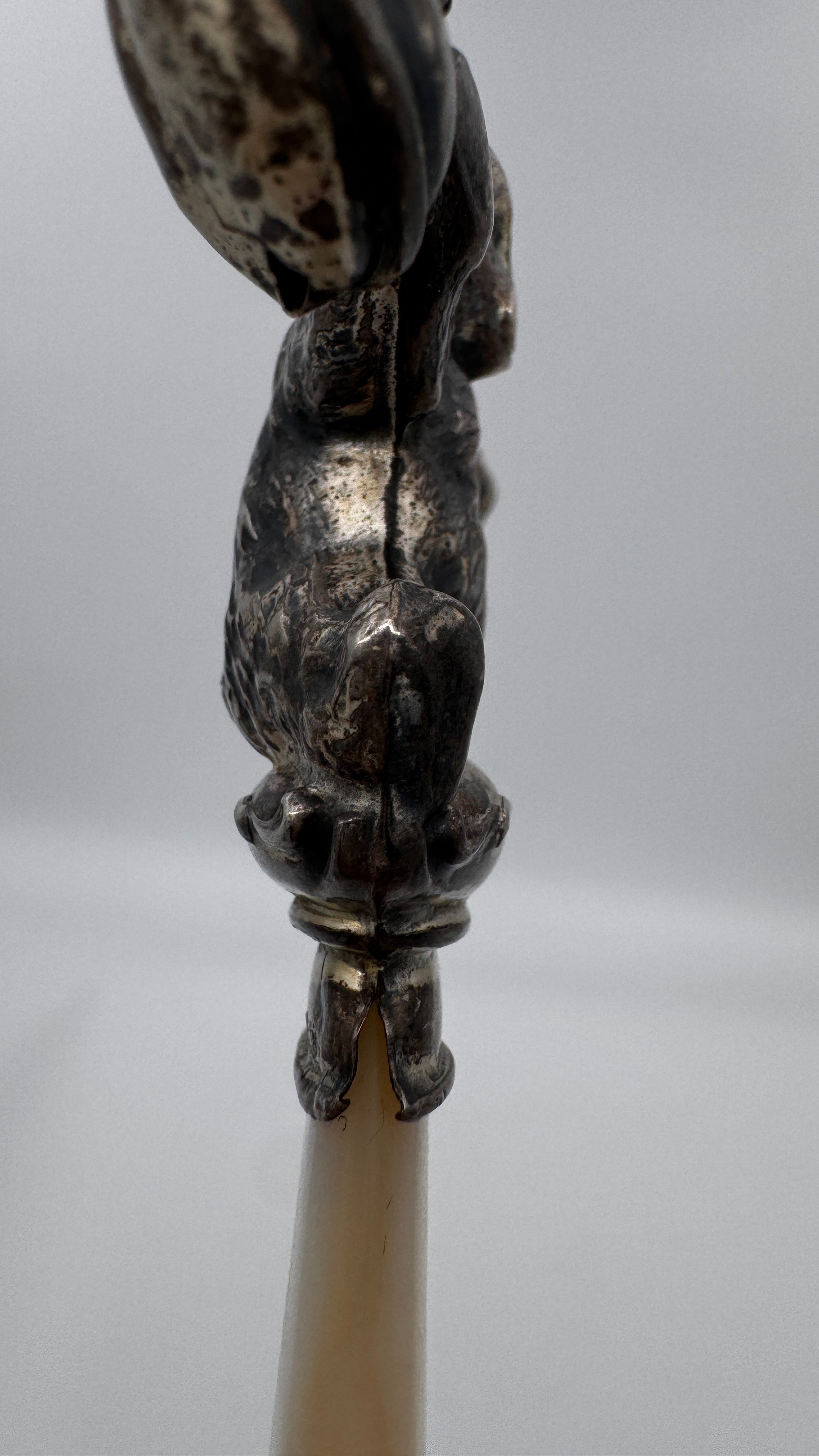 Antique Silver Teddy Bear Baby Rattle with Mother of Pearl Handle c.1900