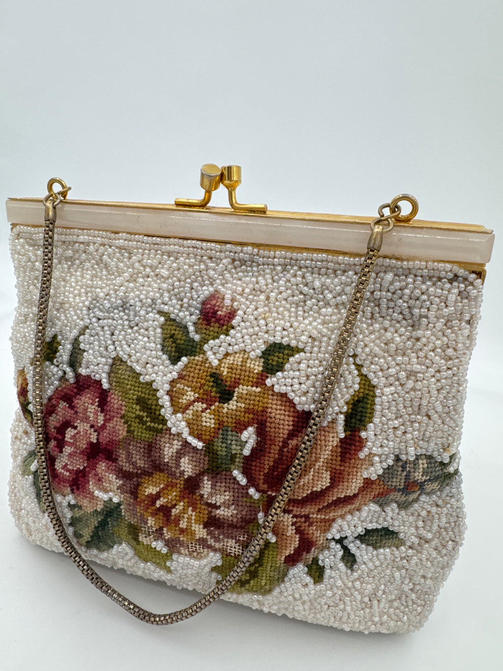 Vintage Floral Micro Beaded Purse, Petit Point Evening Bag, Beaded Handbag