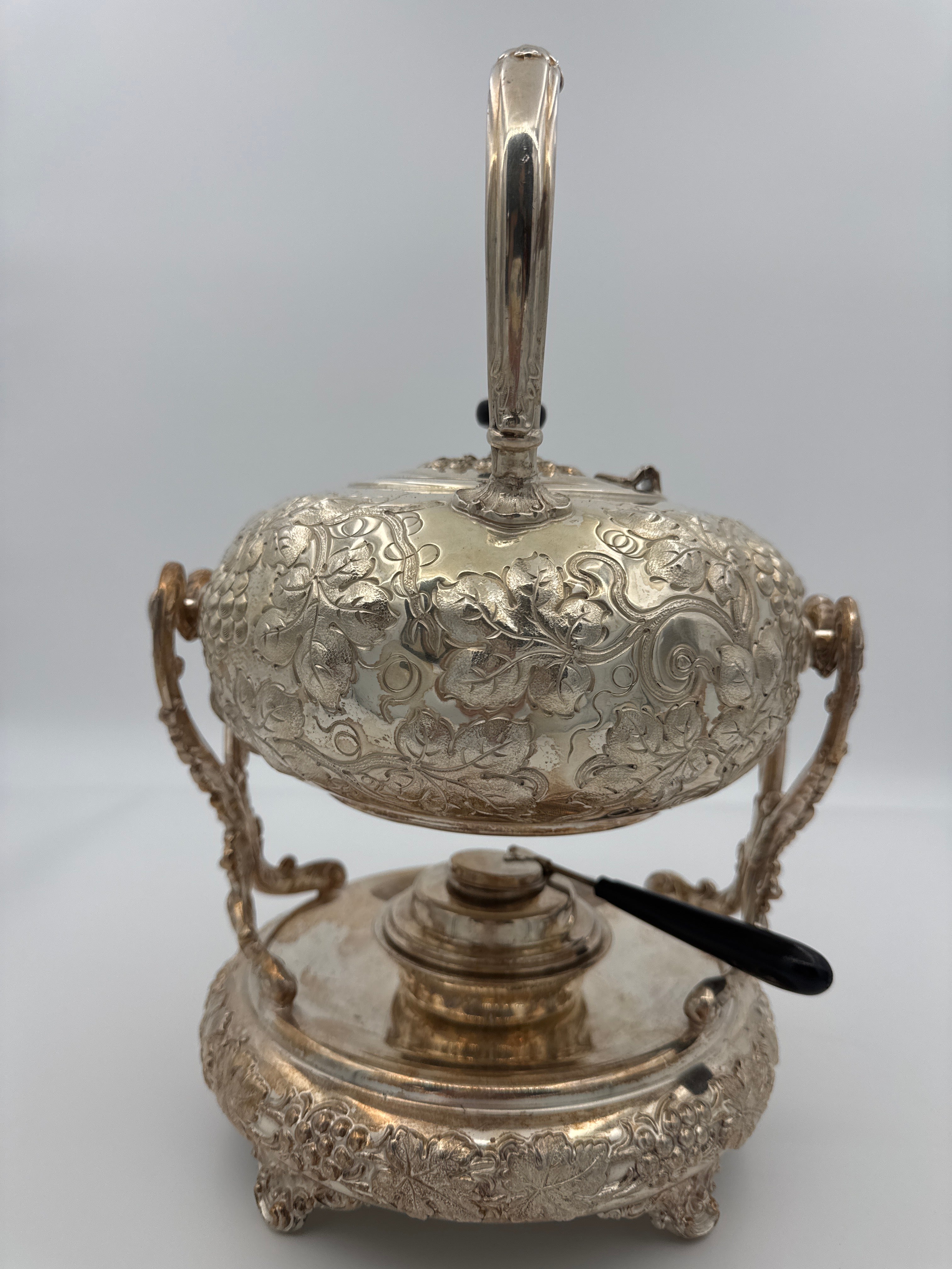 Vintage Silverplate Tilting Tea Kettle on Stand with Original Burner | Patented Jan. 12, 1892 — antique display piece