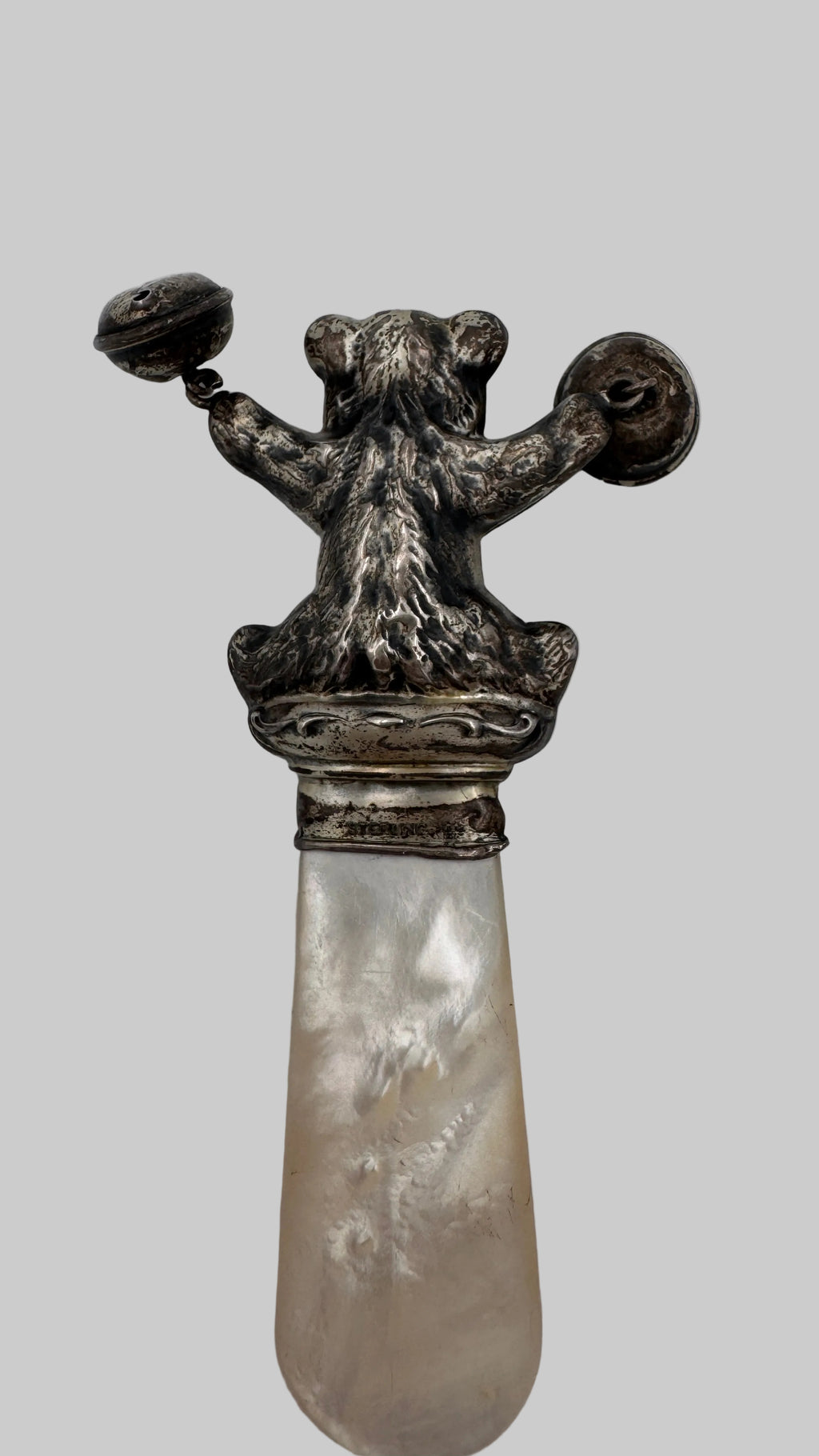 Antique Silver Teddy Bear Baby Rattle with Mother of Pearl Handle c.1900