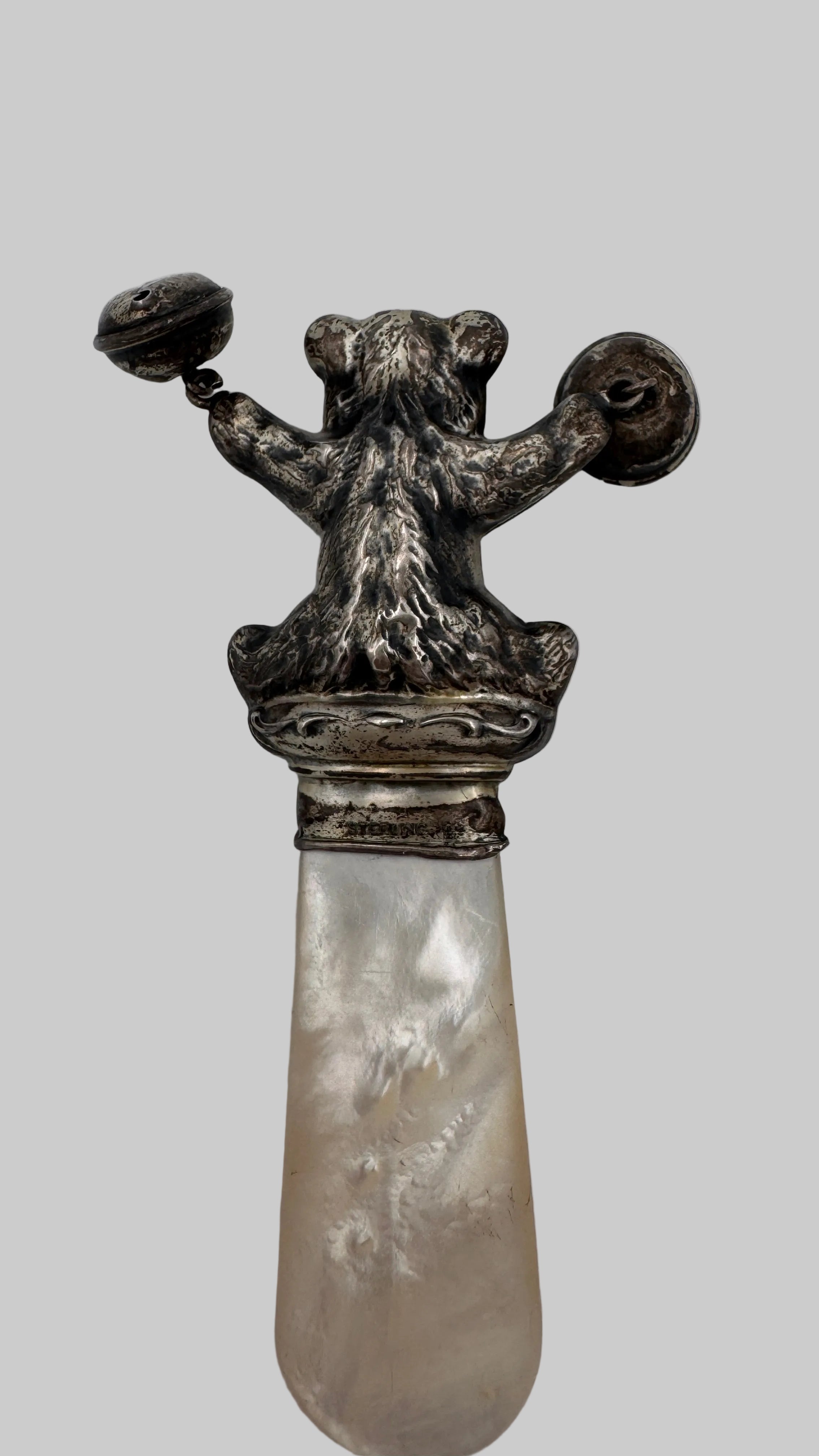 Antique Silver Teddy Bear Baby Rattle with Mother of Pearl Handle c.1900