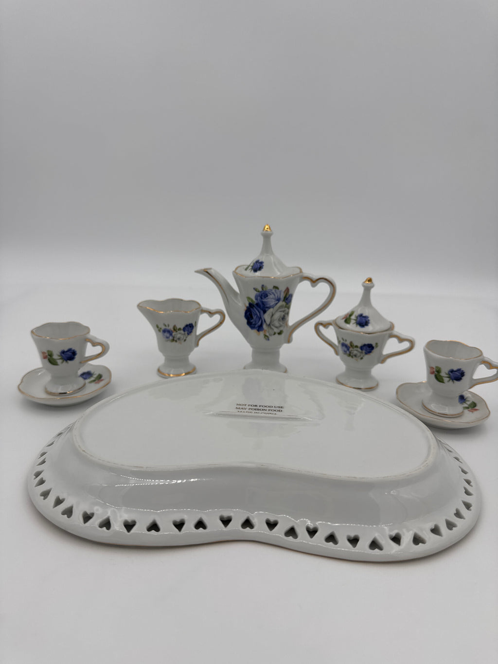 Vintage Miniature Blue Rose Tea Set for Dollhouse & Victorian Displays | Porcelain Tea Service with Tray