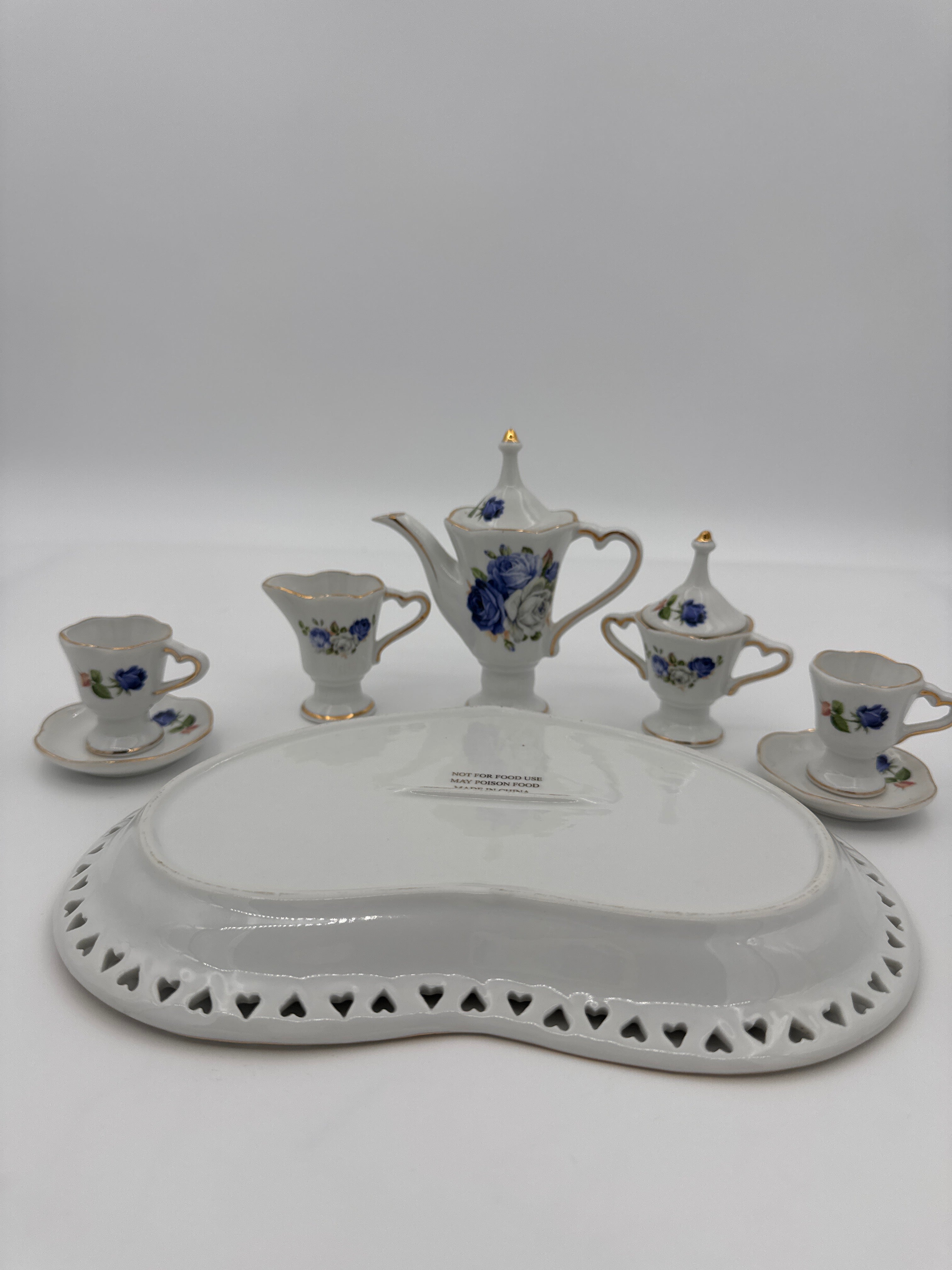 Vintage Miniature Blue Rose Tea Set for Dollhouse & Victorian Displays | Porcelain Tea Service with Tray