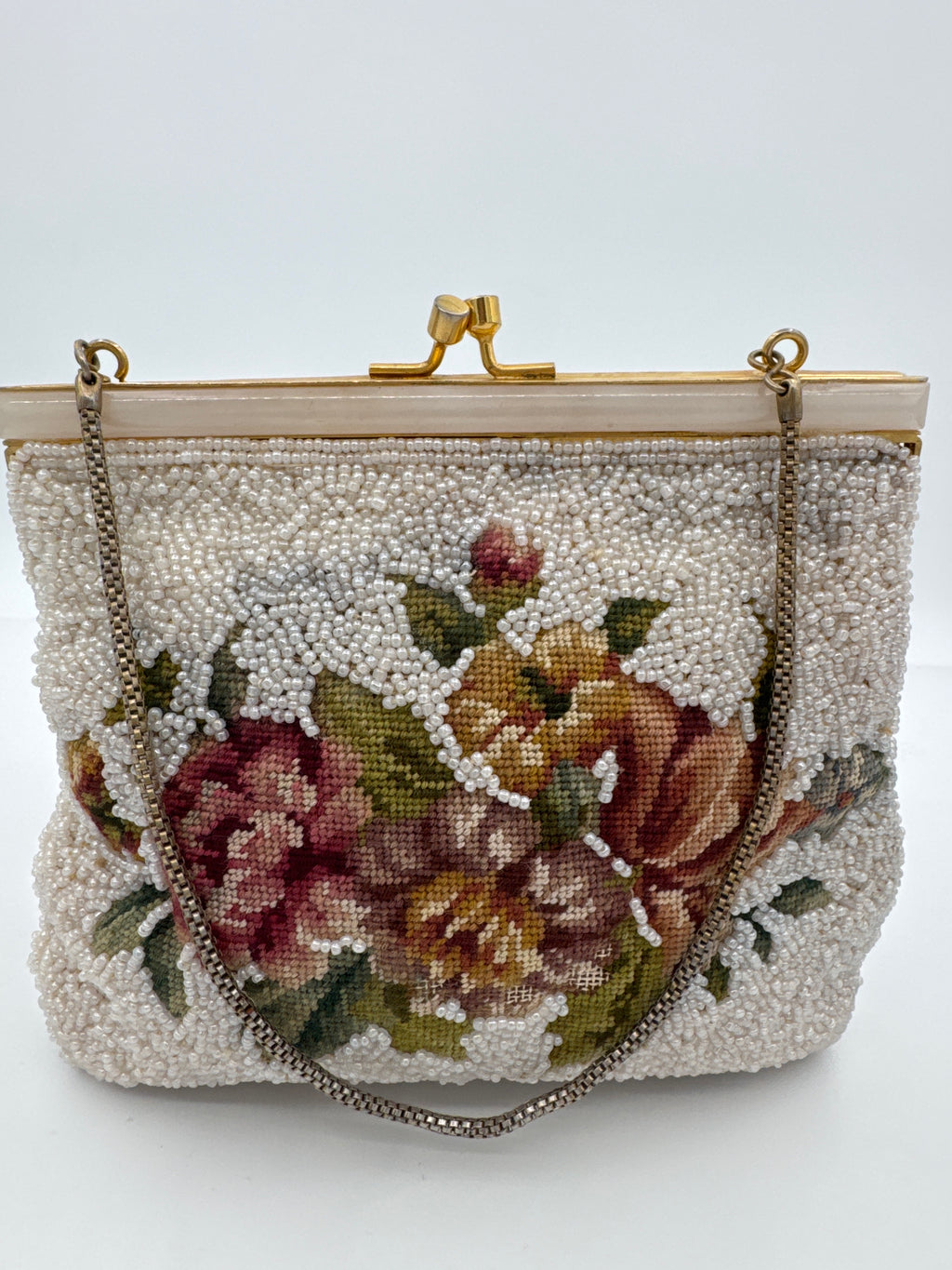 Vintage Floral Micro Beaded Purse, Petit Point Evening Bag, Beaded Handbag
