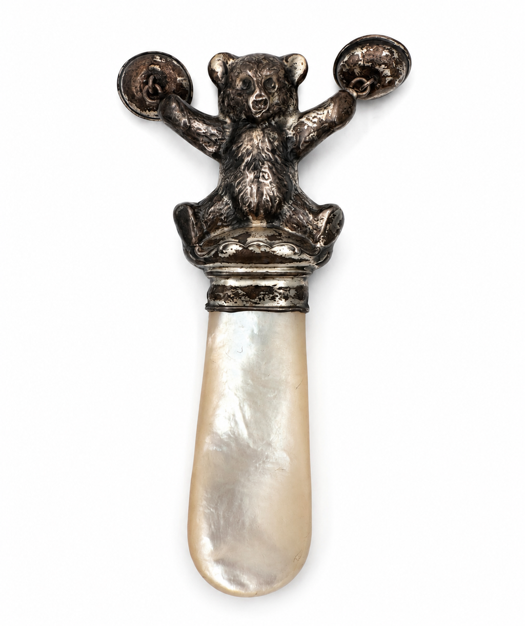 Antique Silver Teddy Bear Baby Rattle with Mother of Pearl Handle c.1900