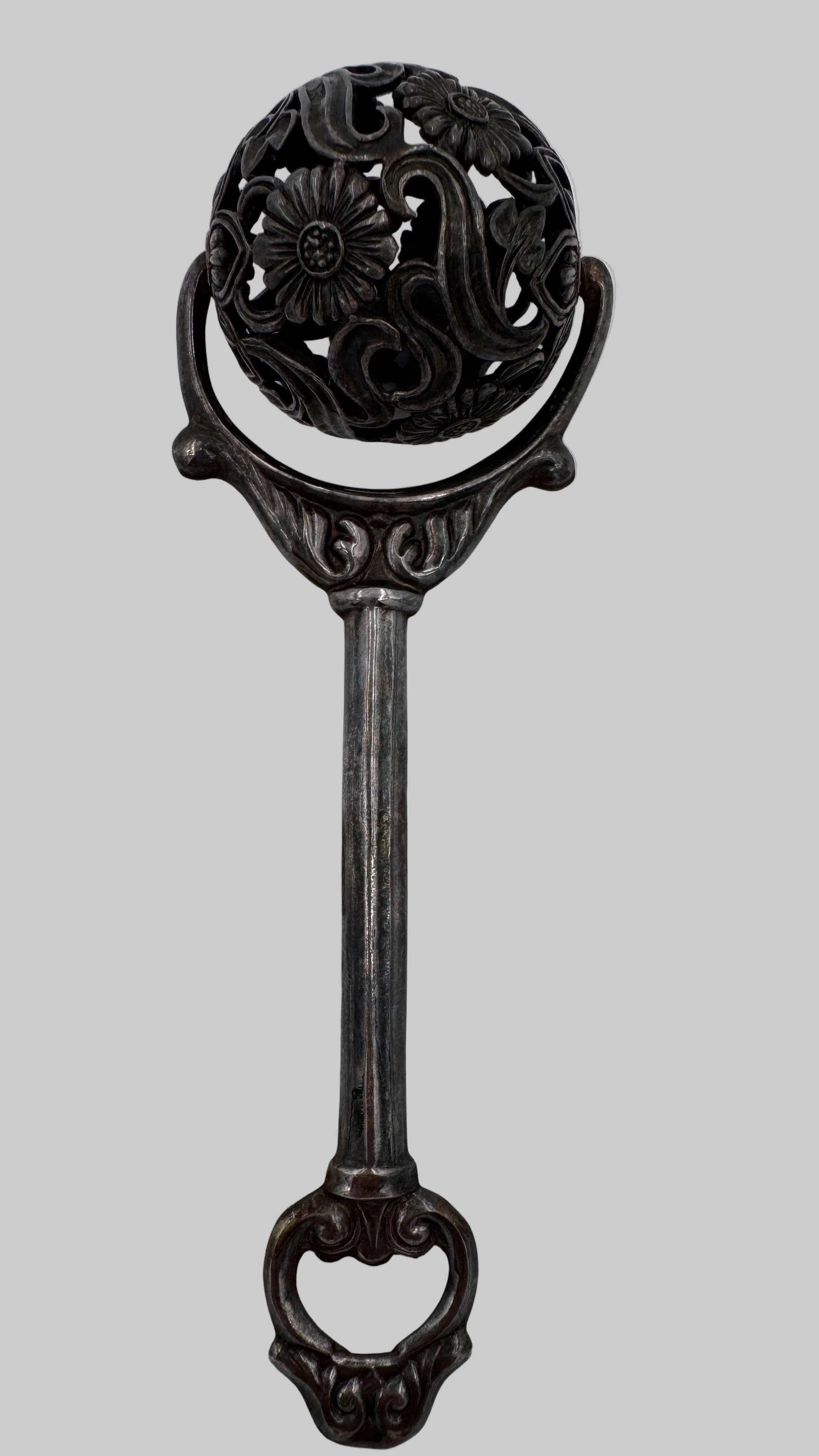 Antique Sterling Silver 925 Baby Rattle Art Nouveau Floral Design European Collectible