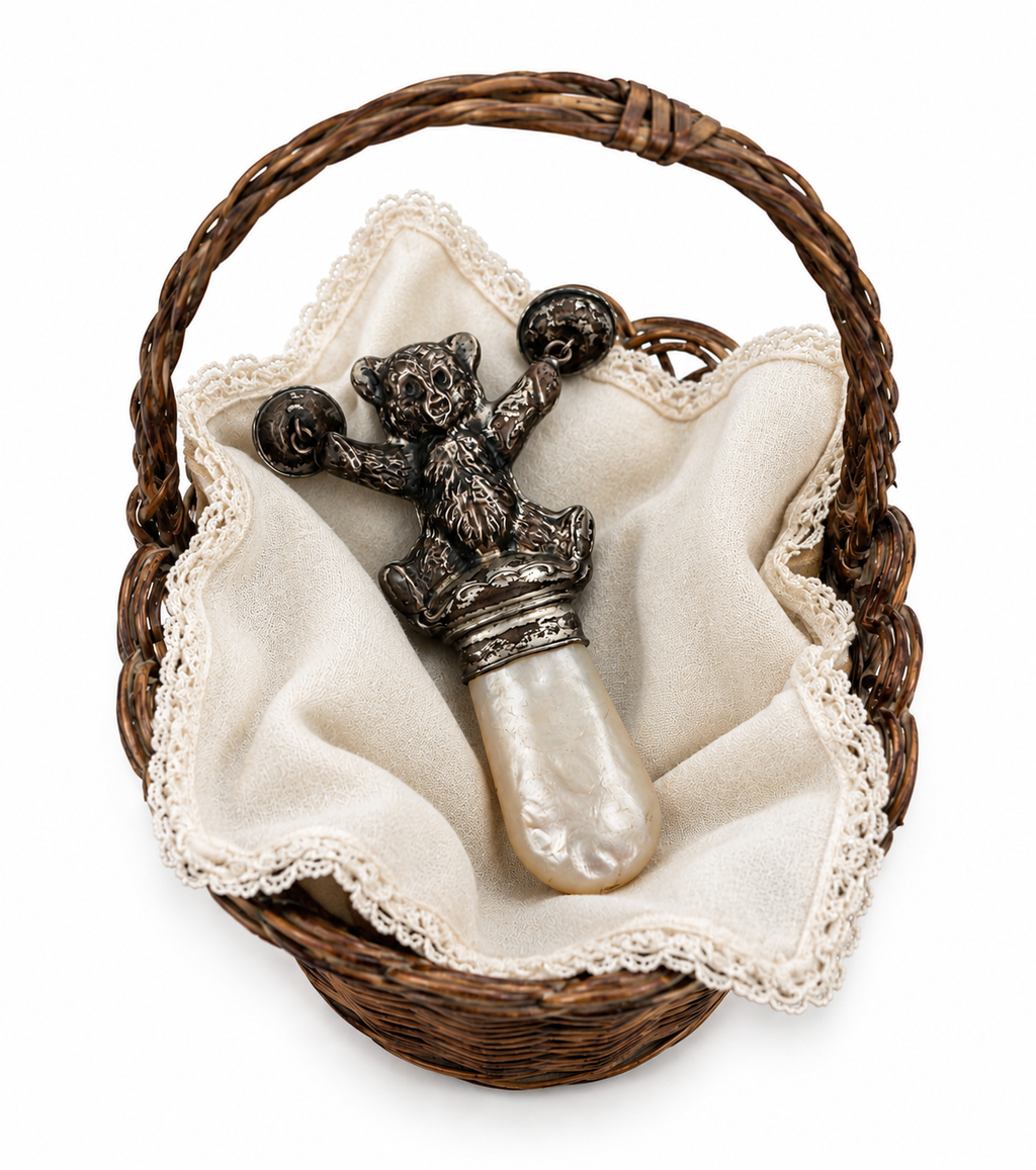 Antique Silver Teddy Bear Baby Rattle with Mother of Pearl Handle c.1900