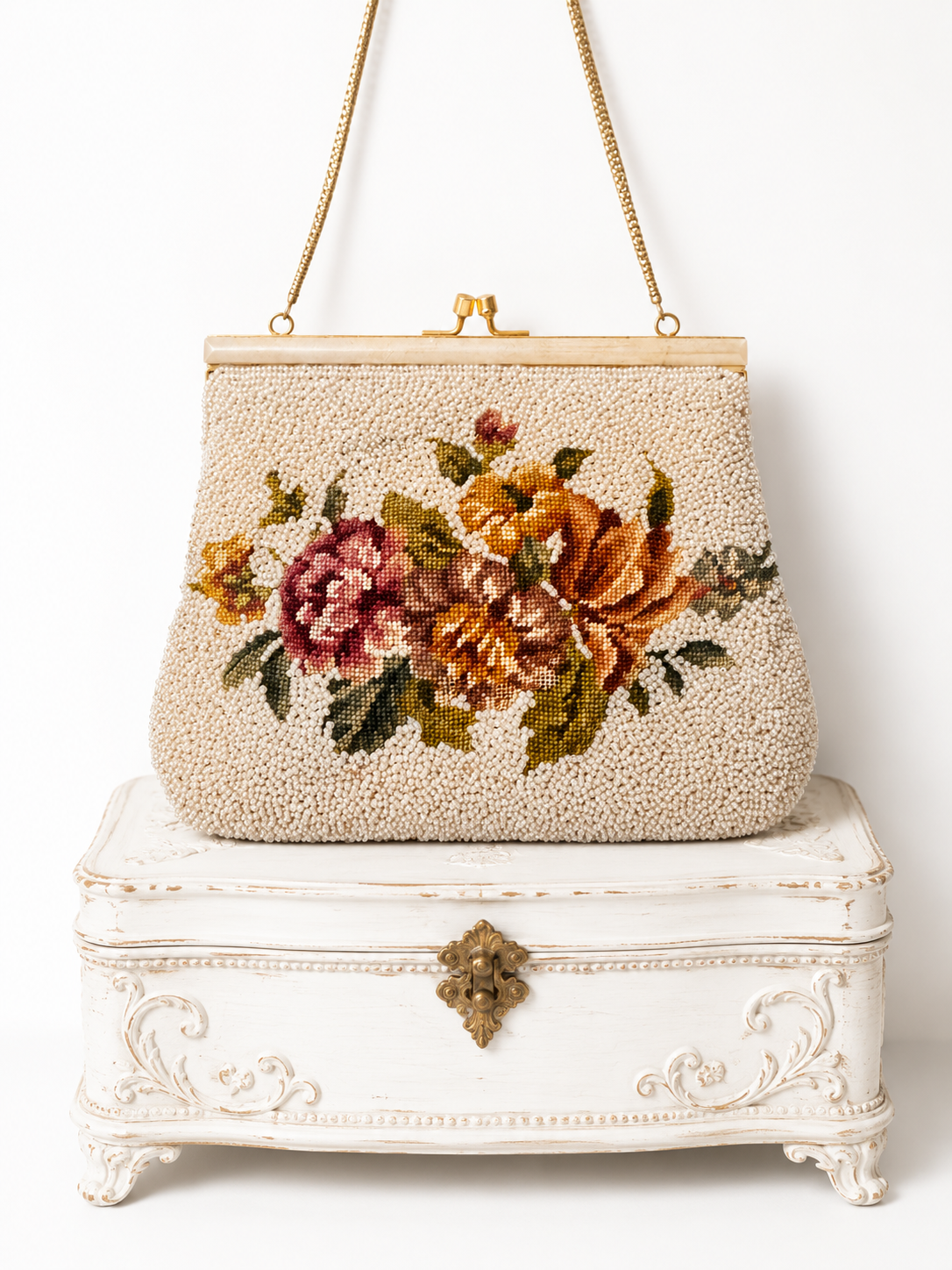 Vintage Floral Micro Beaded Purse, Petit Point Evening Bag, Beaded Handbag