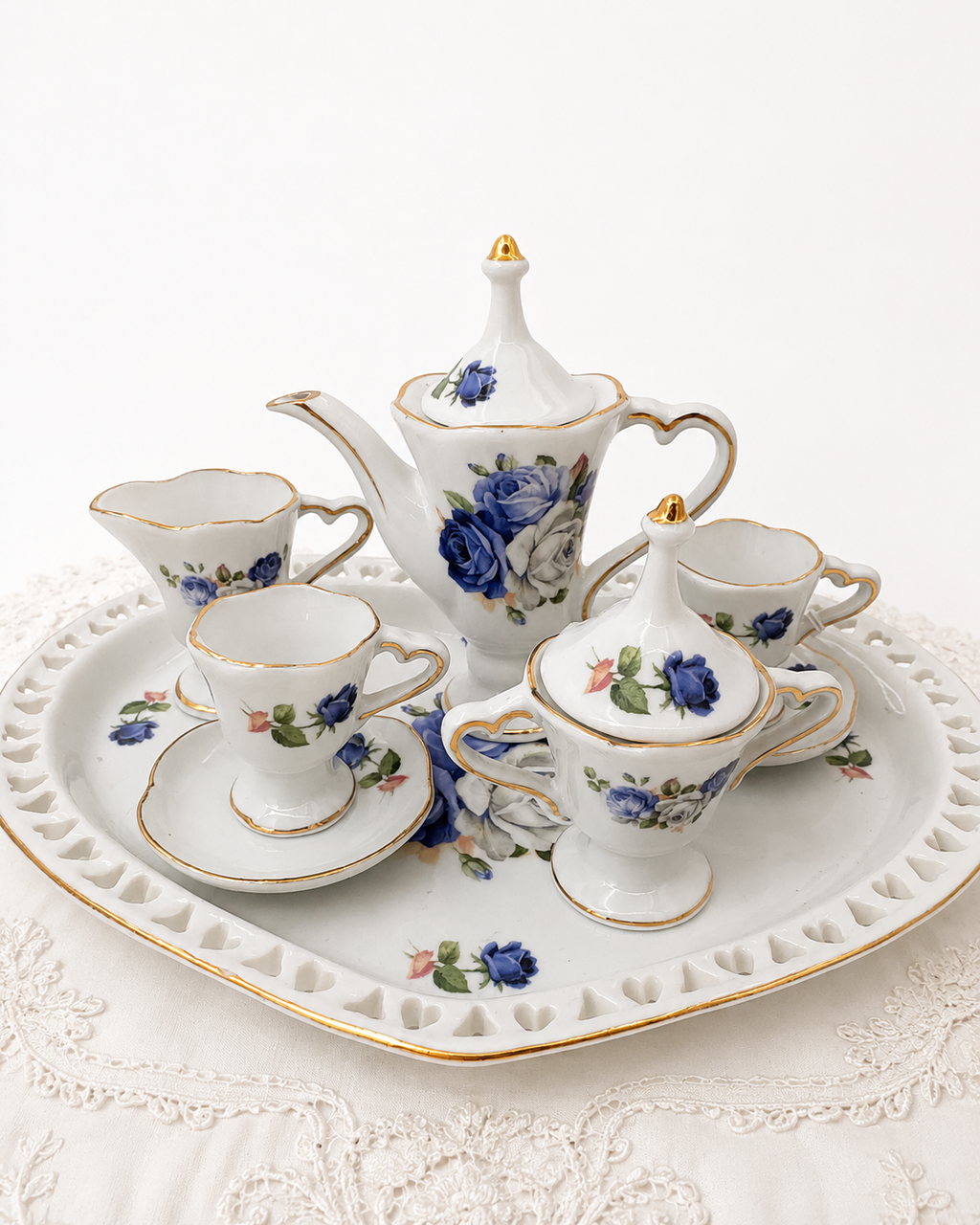Vintage Miniature Blue Rose Tea Set for Dollhouse & Victorian Displays | Porcelain Tea Service with Tray
