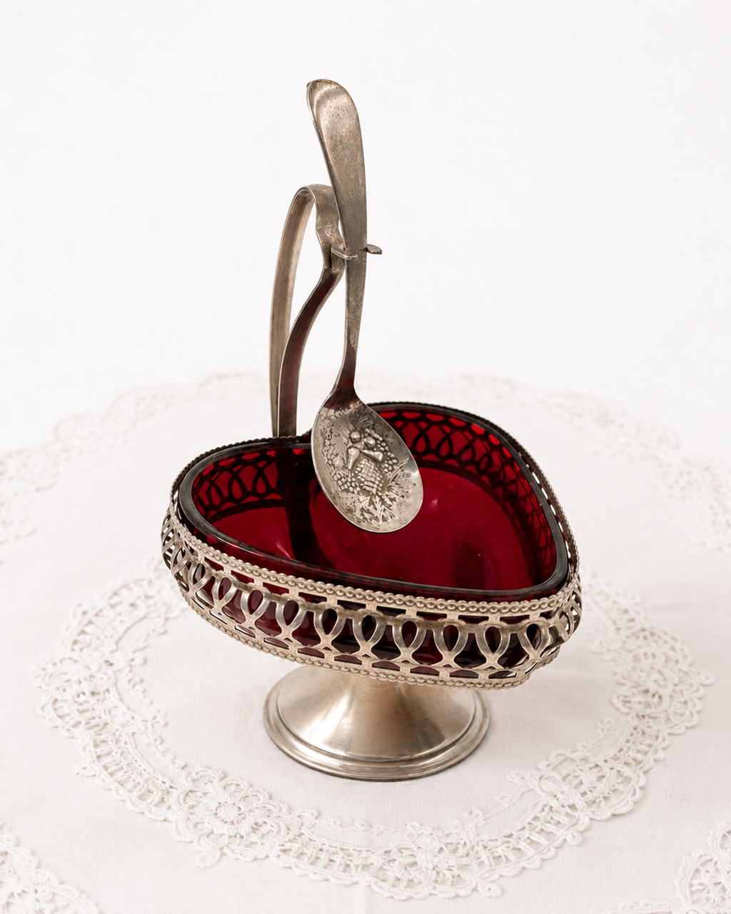 Vintage English Silver Plated Heart Shaped Sugar Bowl with Ruby Glass Insert & Spoon