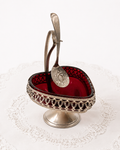 Vintage English Silver Plated Heart Shaped Sugar Bowl with Ruby Glass Insert & Spoon