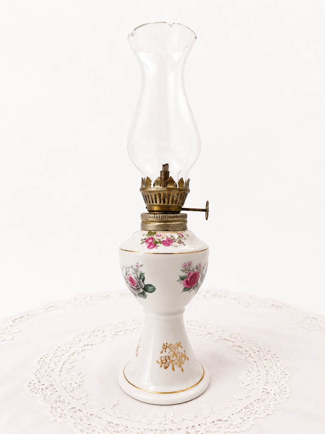 Vintage Floral Porcelain Oil Lamp with Original Glass Chimney | Victorian Style Doll Display Decor