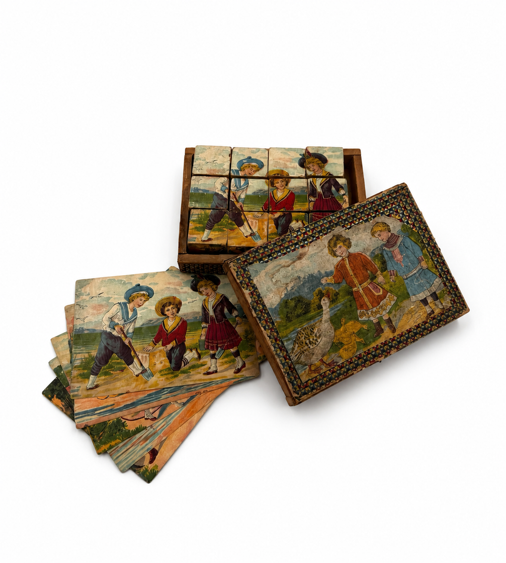 Antique German Wooden Picture Cube Puzzle Set with Original Box | Children’s Toy Circa 1900–1915