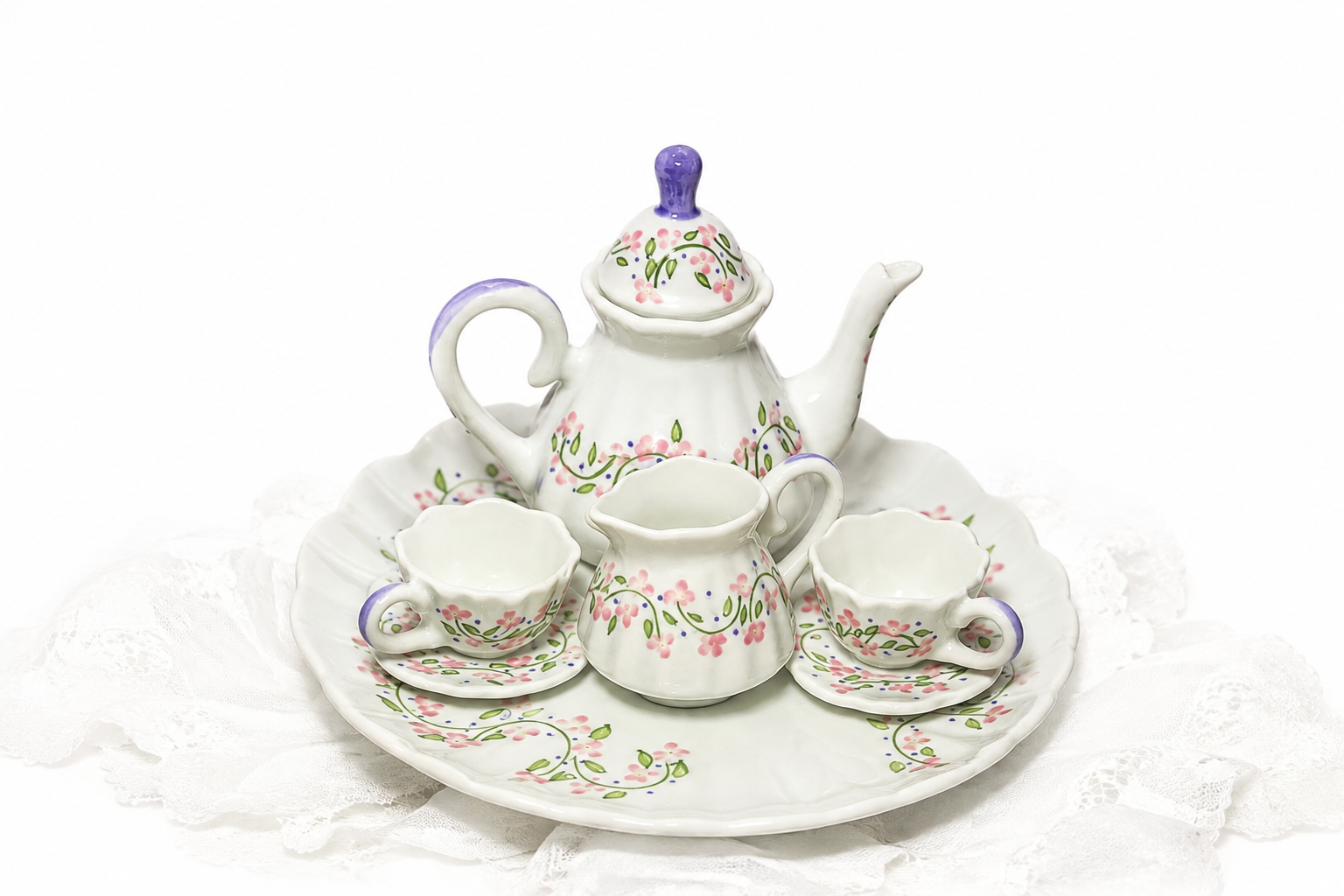 Vintage Hand-Painted Miniature Tea Set – Hand & Heart Collectible Doll Display Set