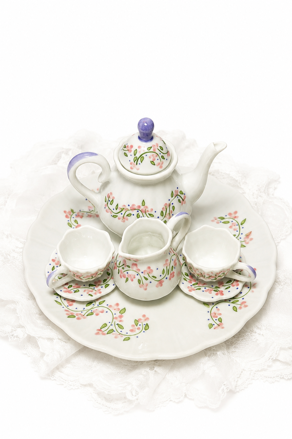 Vintage Hand-Painted Miniature Tea Set – Hand & Heart Collectible Doll Display Set
