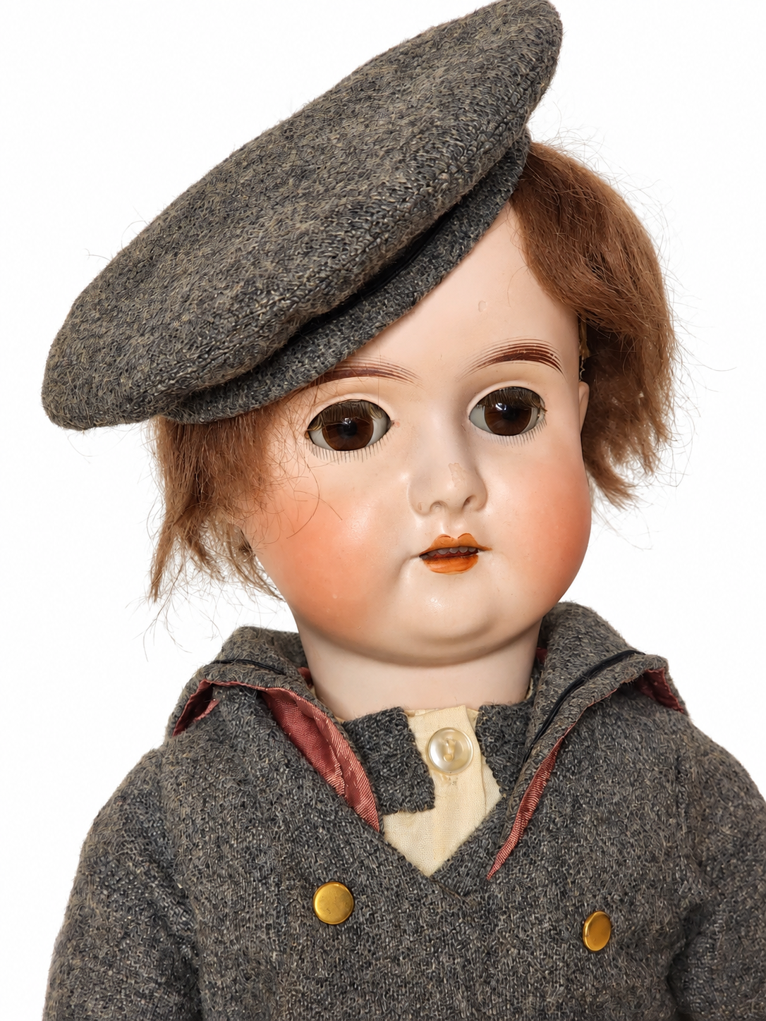 Antique C.M. Bergmann German Bisque Boy Doll 22” Brown Glass Eyes — antique bisque doll for sale