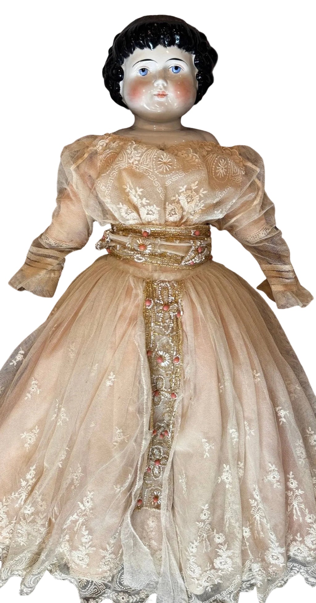 Antique German ABG Highland Mary China Head Doll, 28 Inches, circa 1870s