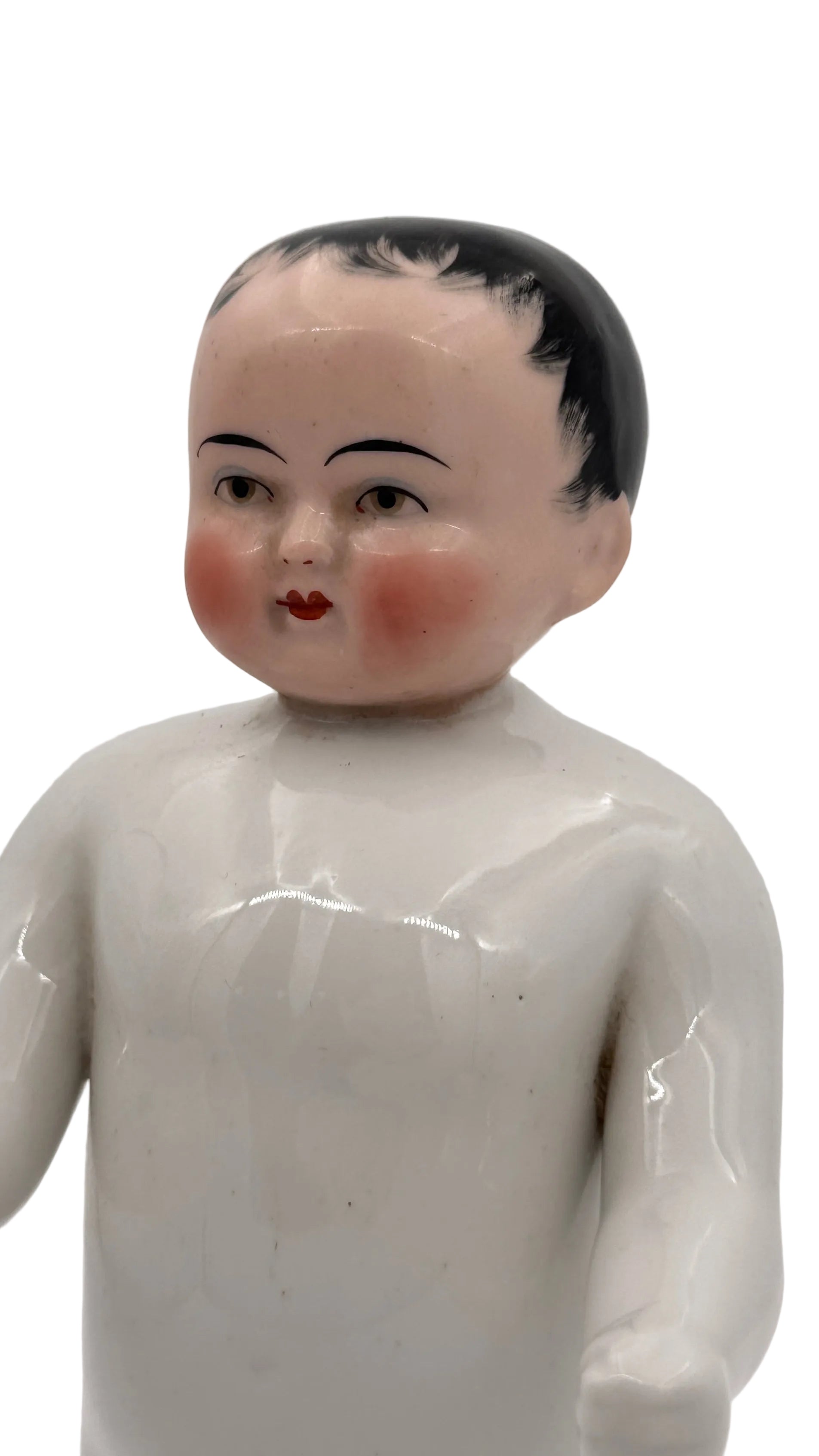 Antique German Frozen Charlie Porcelain Doll, 10 Inches — Black Molded Hair