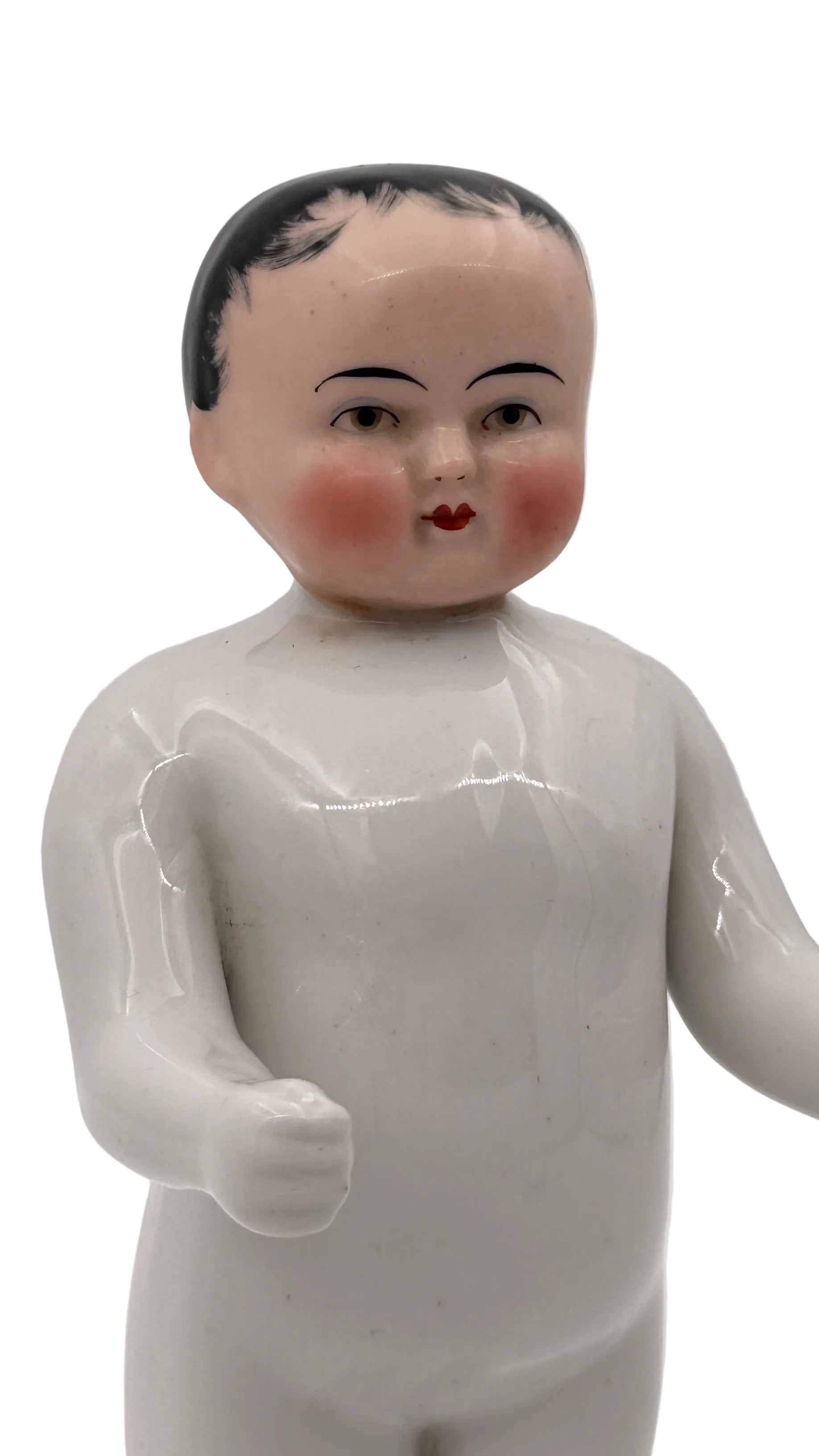 Antique German Frozen Charlie Porcelain Doll, 10 Inches — Black Molded Hair