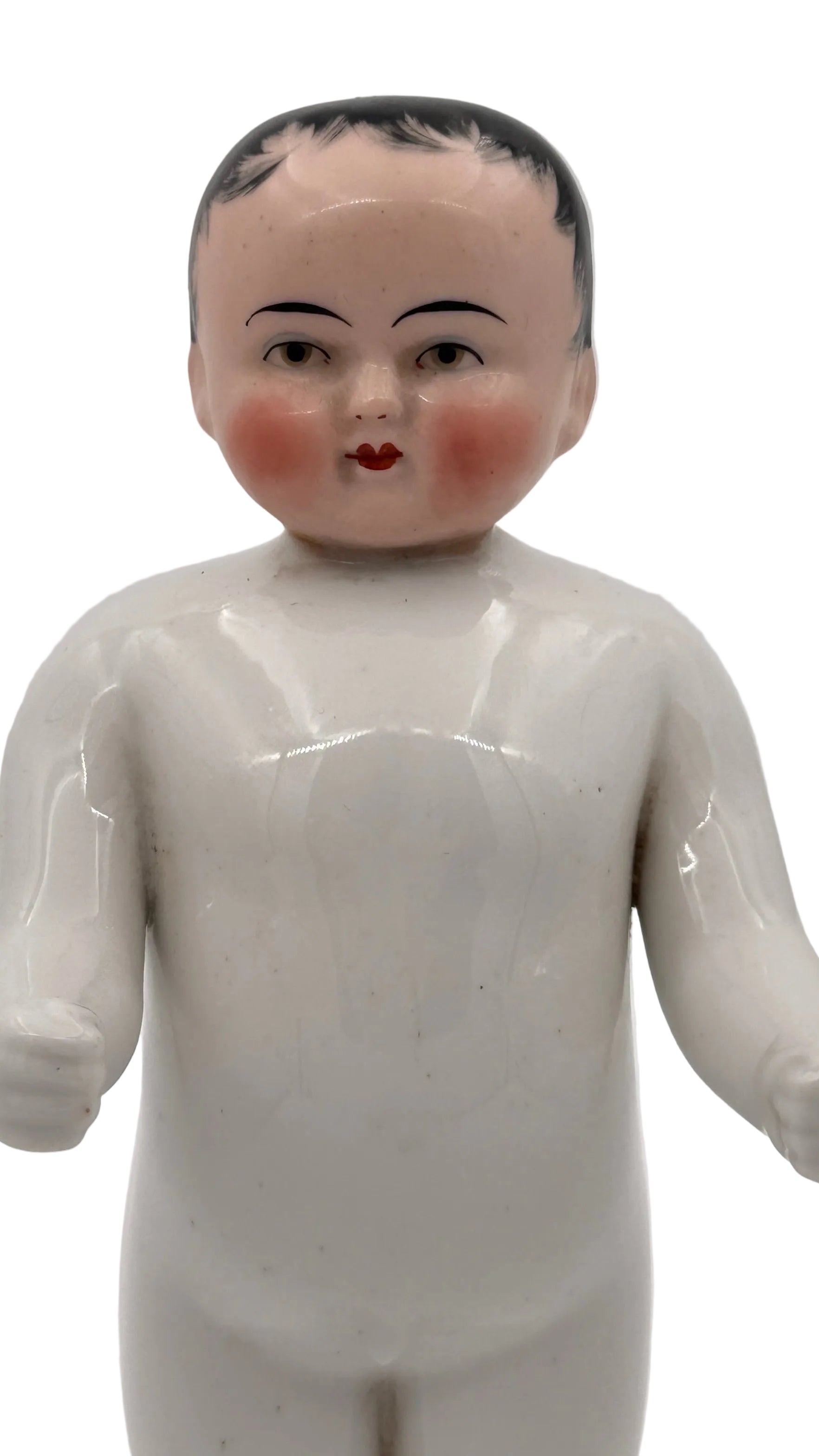 Antique German Frozen Charlie Porcelain Doll, 10 Inches — Black Molded Hair
