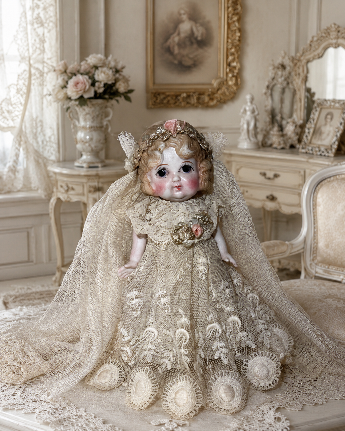 Antique Japanese All-Bisque Doll, 7.5 in, Blonde Hair, 1920s–1930s