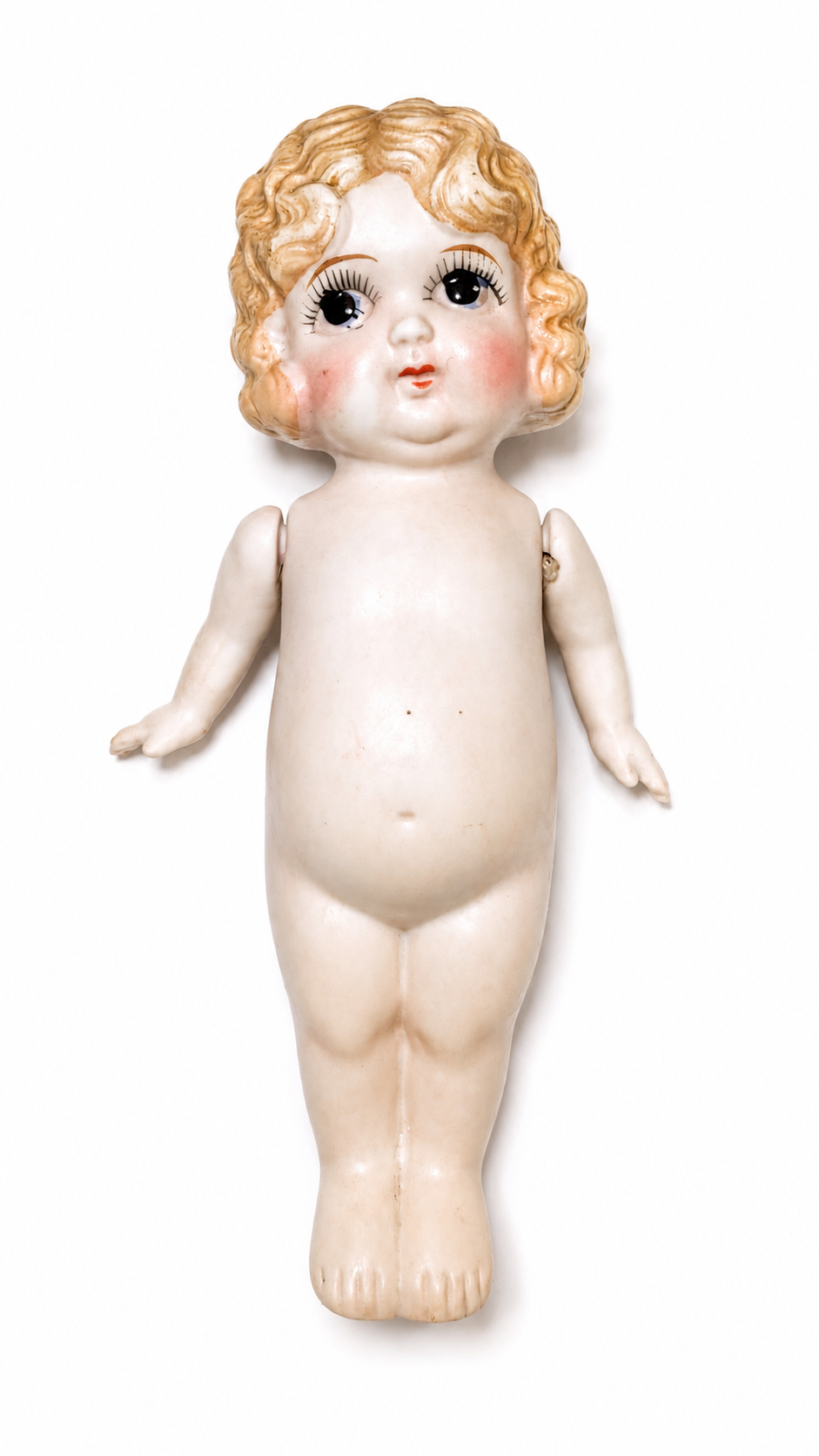 Antique Japanese All-Bisque Doll, 7.5″ — Molded Blonde Hair, Large Painted Eyes, Made in Japan, c. 1920s–1930s — antique doll for collectors