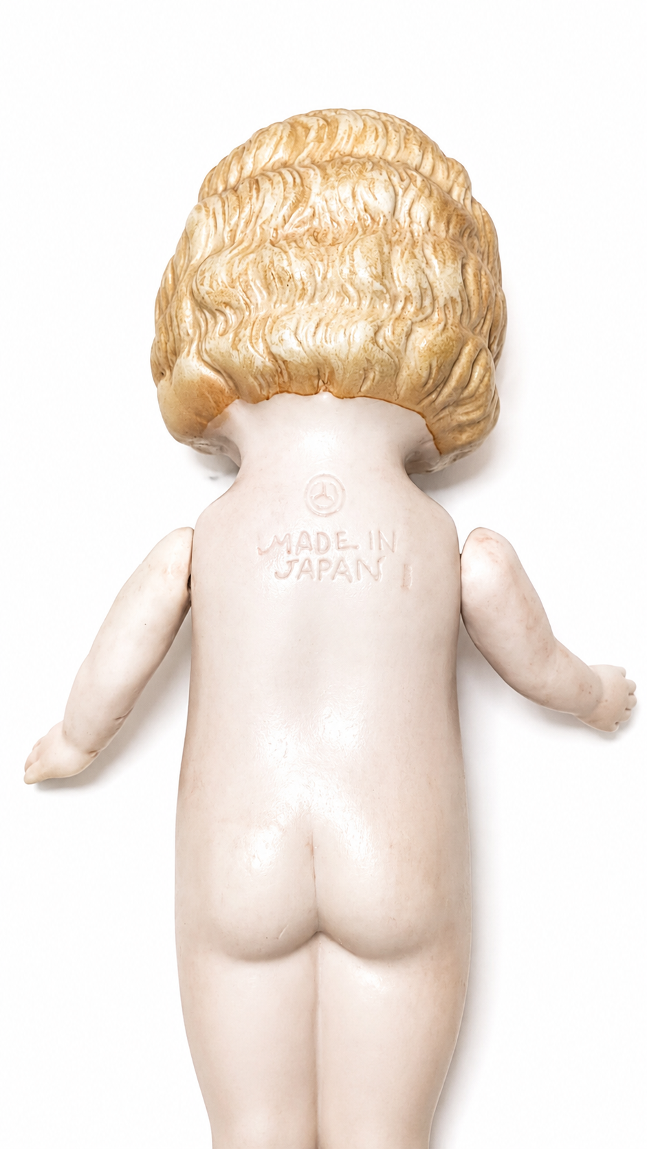 Antique Japanese All-Bisque Doll, 7.5″ — Molded Blonde Hair, Large Painted Eyes, Made in Japan, c. 1920s–1930s — vintage bisque doll